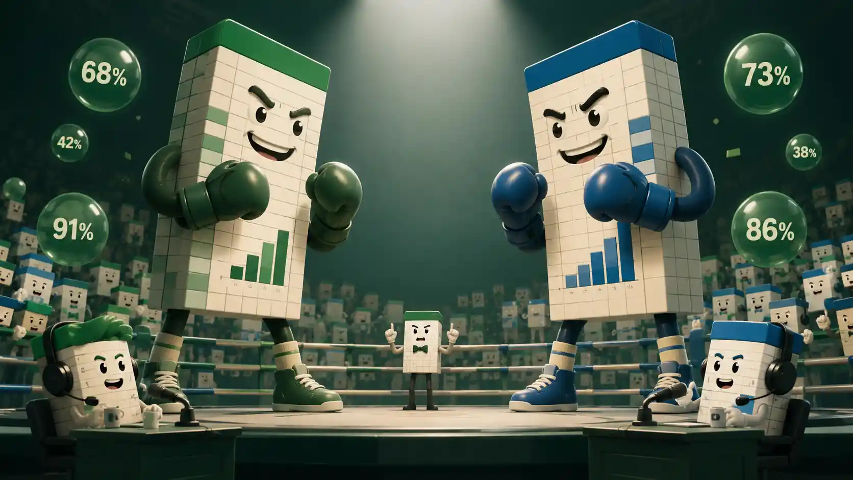 Anthropomorphic spreadsheet columns as rival champions in arena