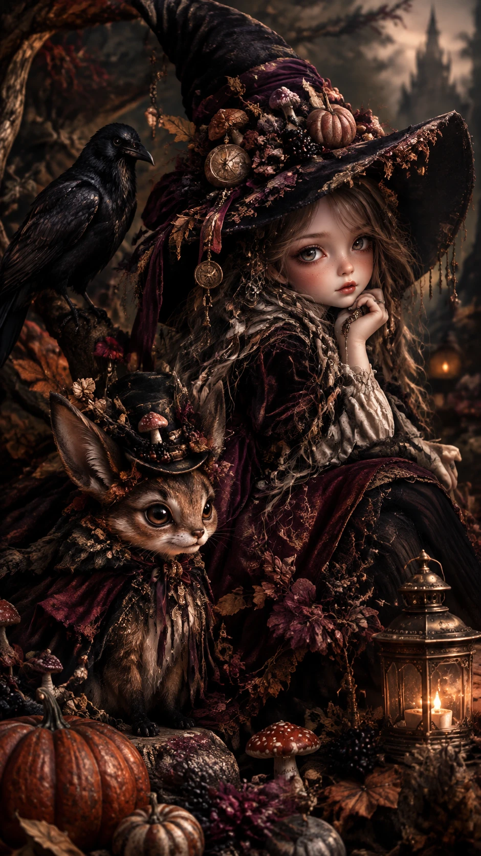 Whimsical gothic forest spirits in autumn witch couture