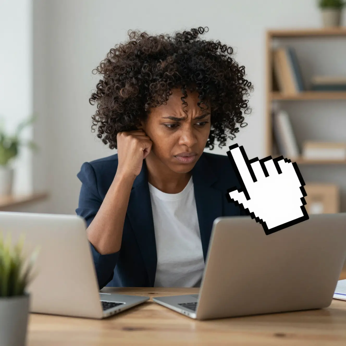 Frustrated entrepreneur at laptop with giant blinking cursor