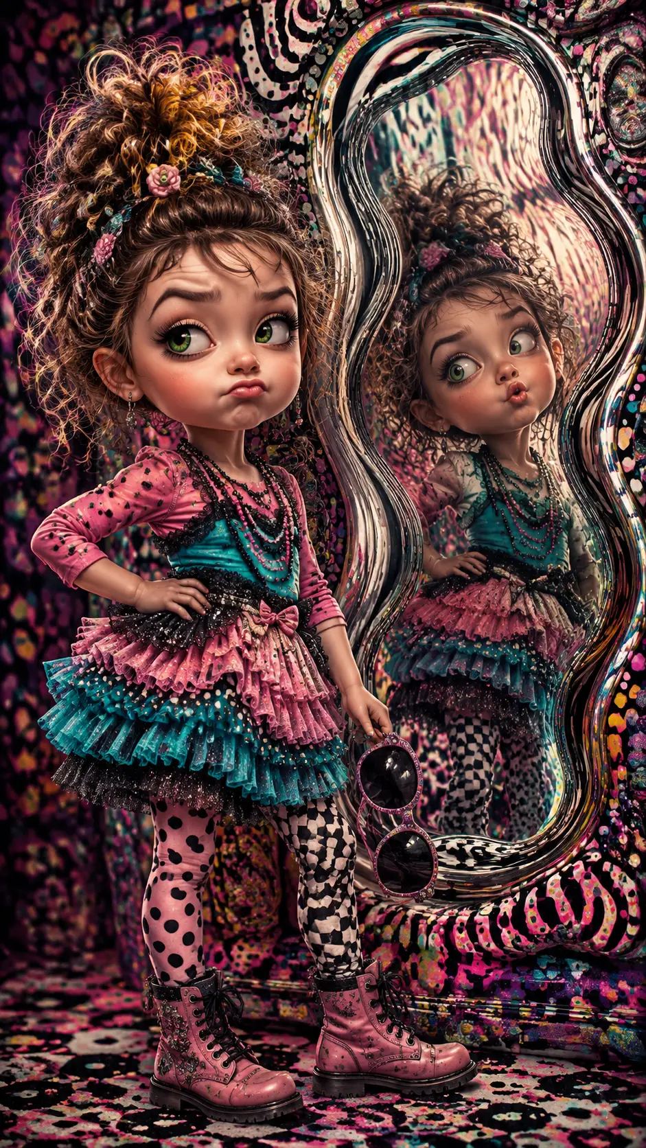 Stylish girl posing before a warped dressing room mirror