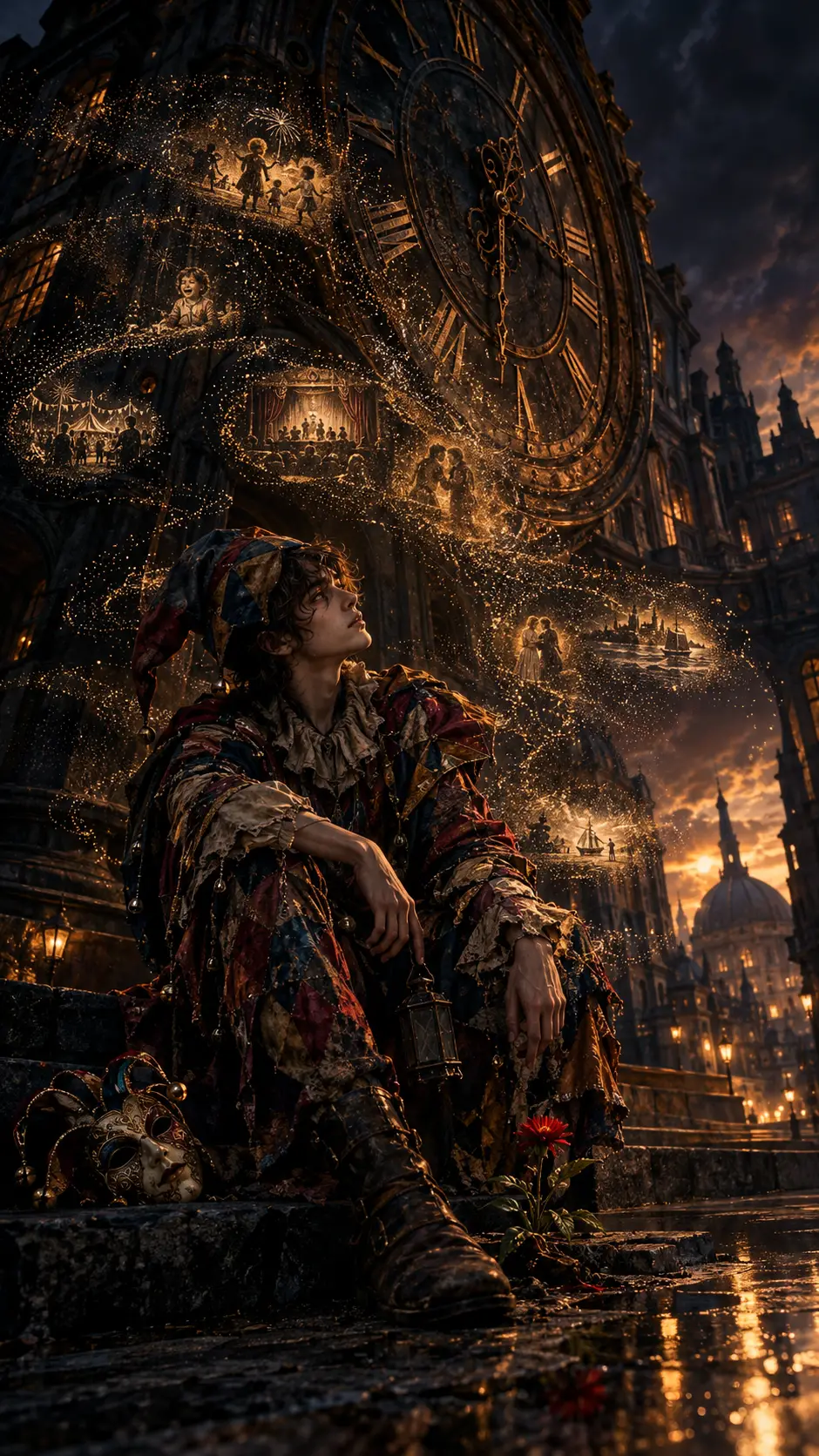 Melancholic jester beneath an ancient clock at twilight