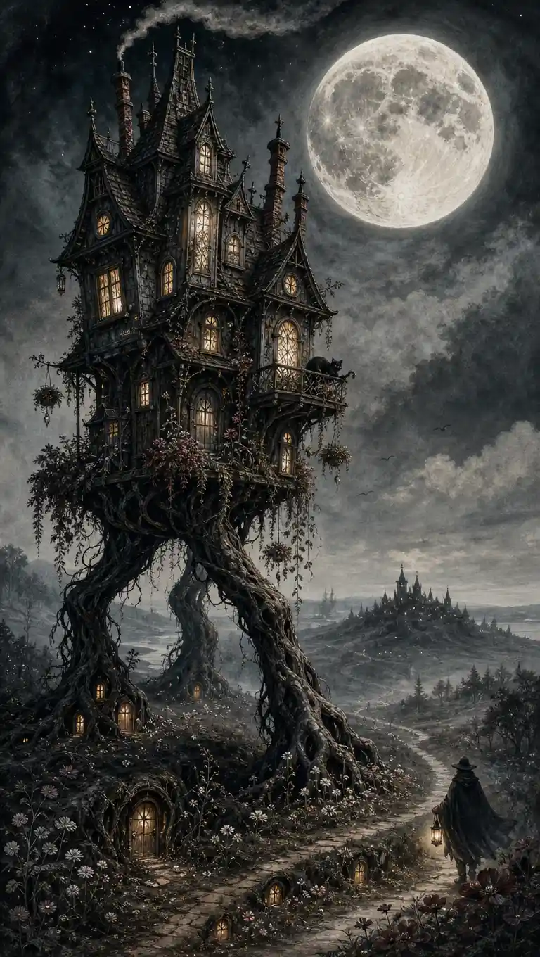 Gotisches wandelndes Haus in einer nebligen mondbeschienenen Landschaft
