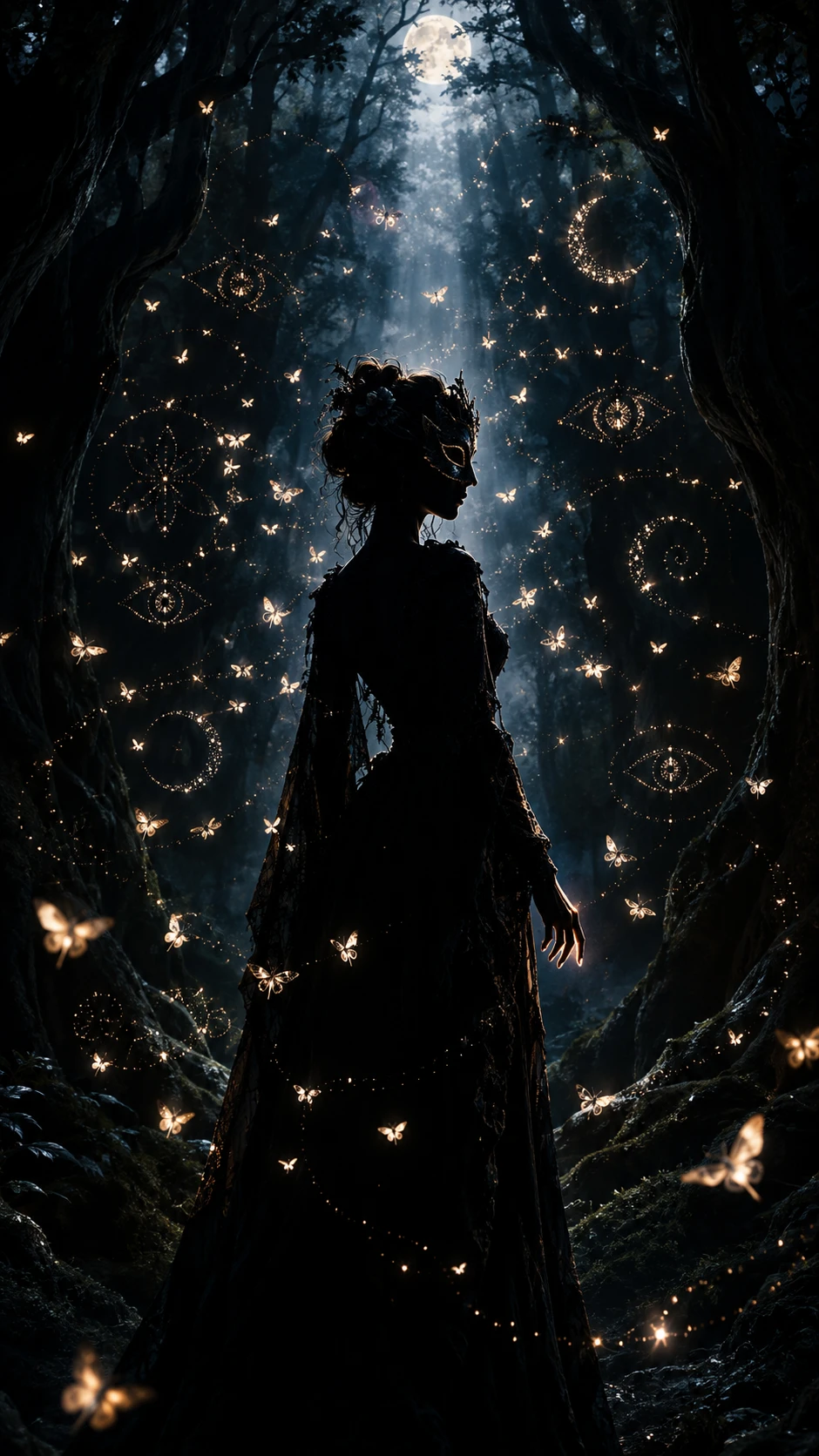 Masked woman silhouetted in moonlit forest with glowing moths