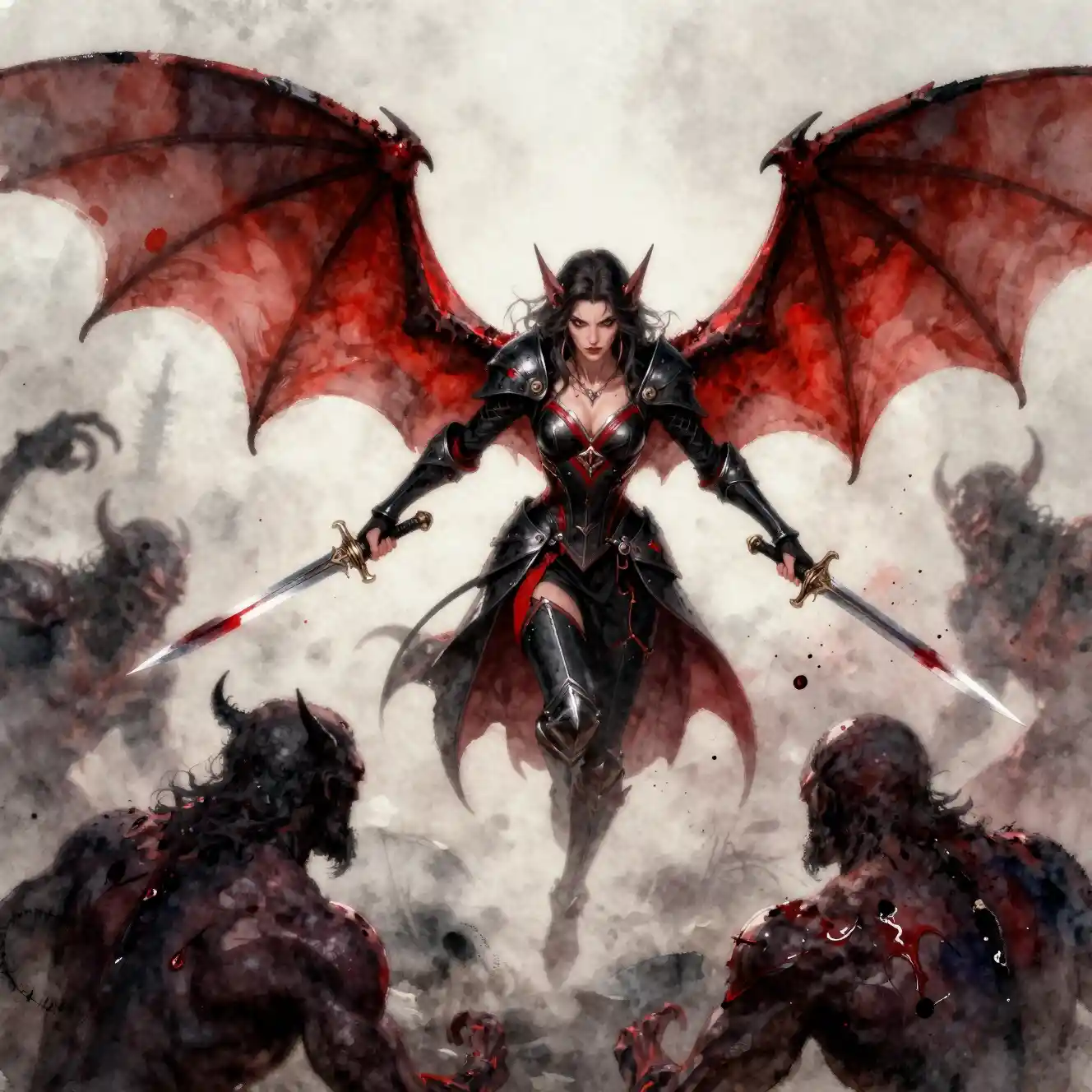 Geflügelte Tiefling-Kriegerin kämpft im Flug gegen Dämonen