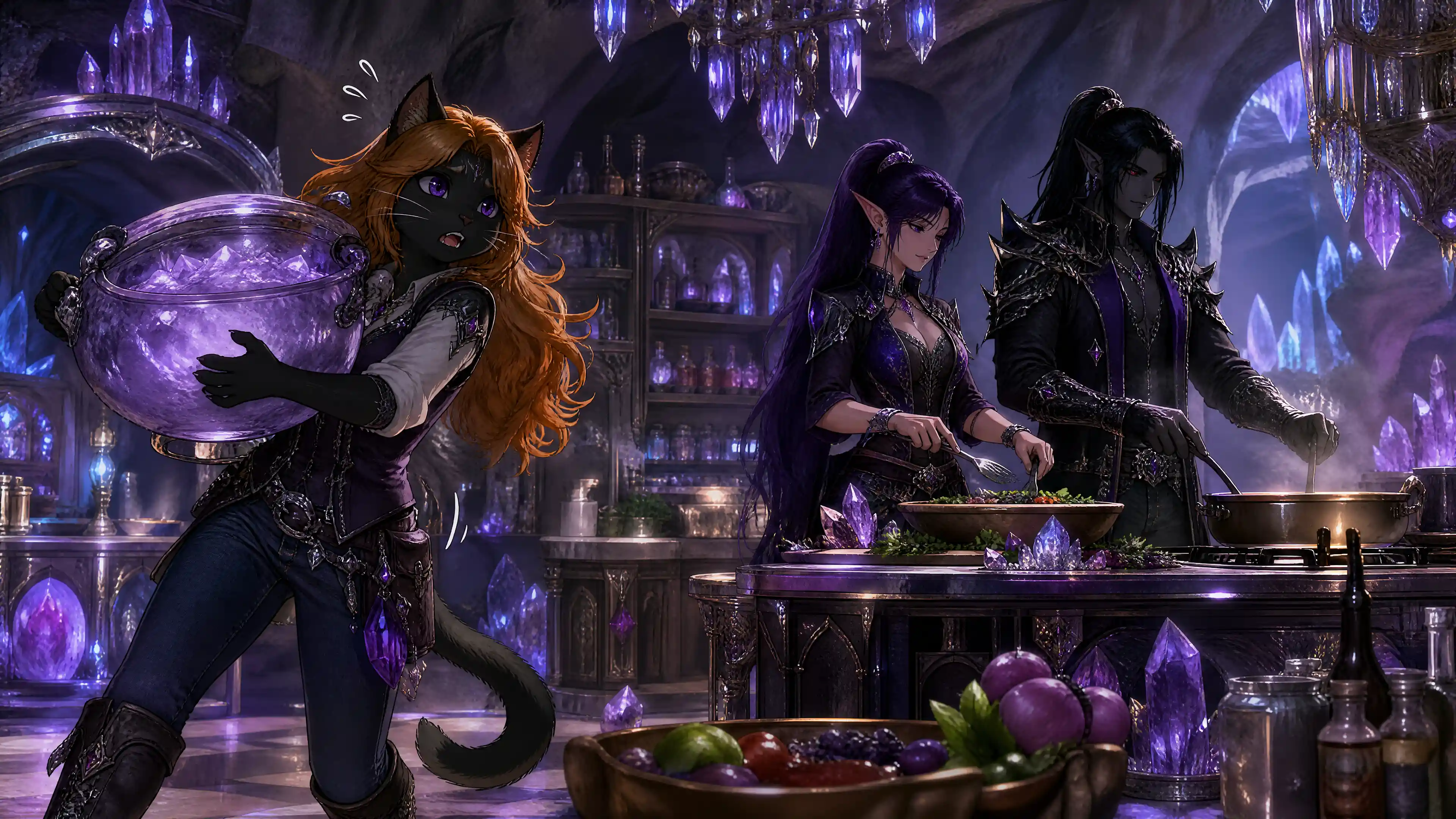 Chatte anthro et couple eldar cuisinant dans une cuisine de grotte de cristal