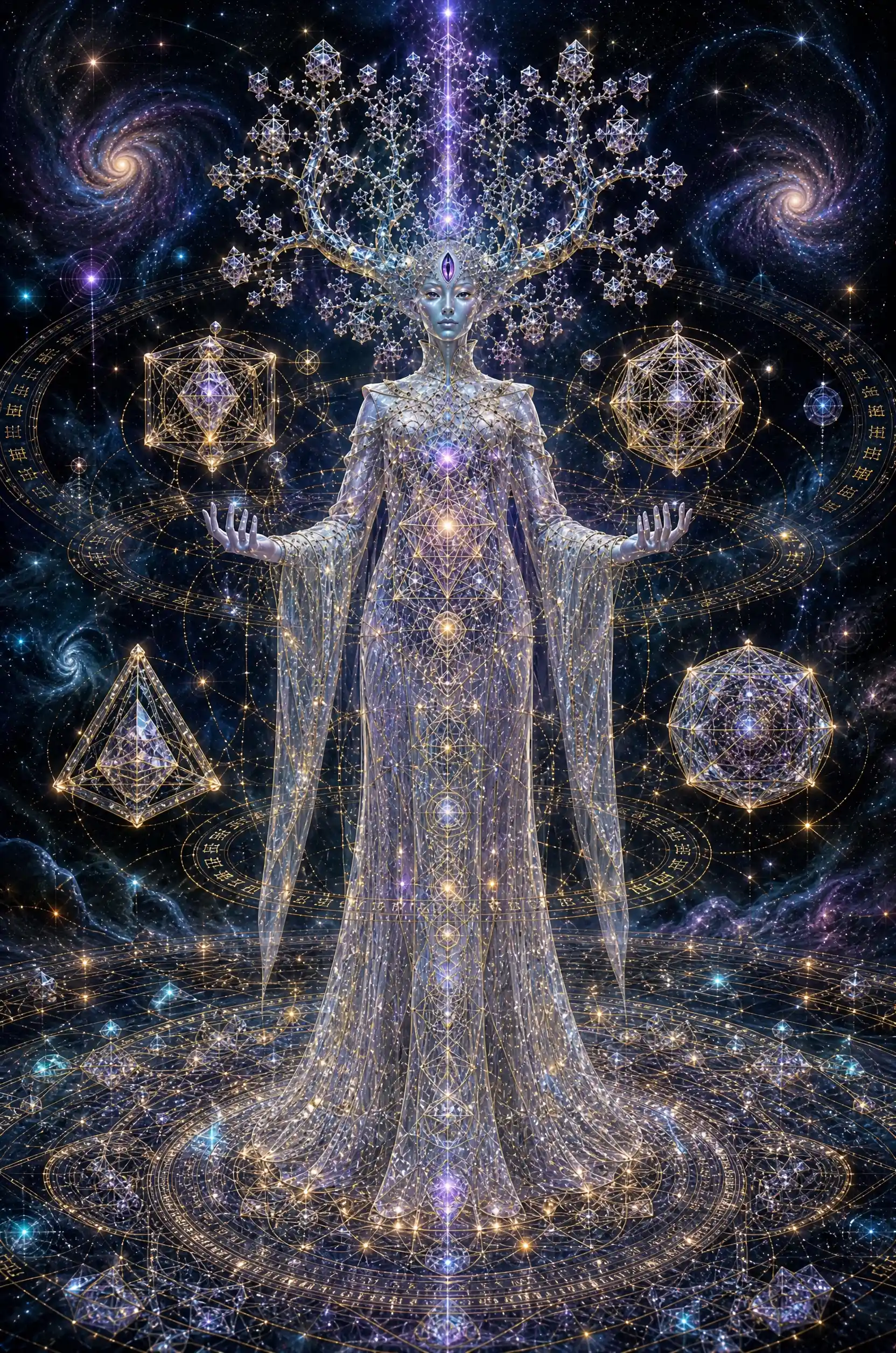 Crystalline cosmic goddess with third eye in deep space
