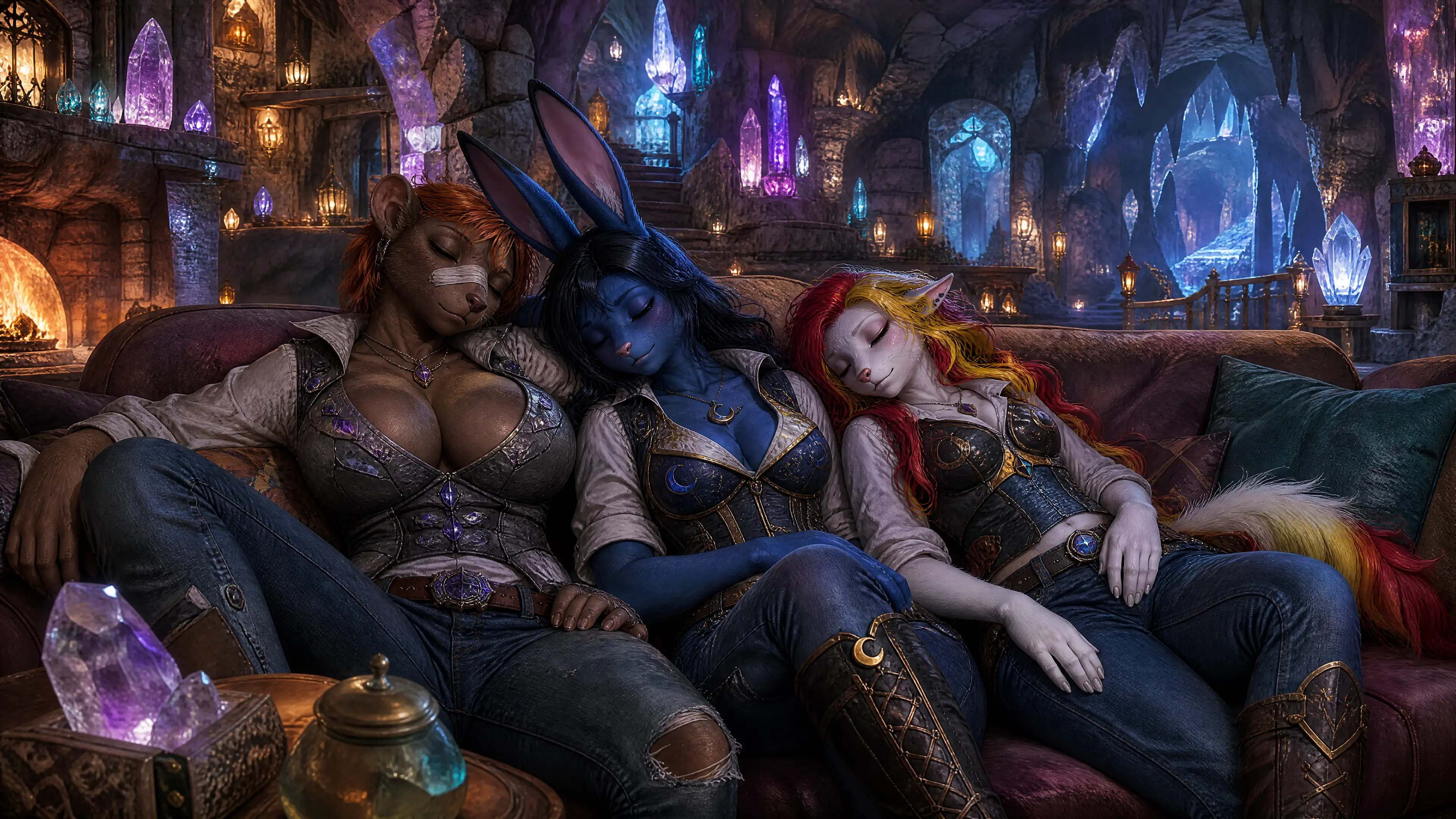Anthro wives sleeping together in a glowing crystal cavern