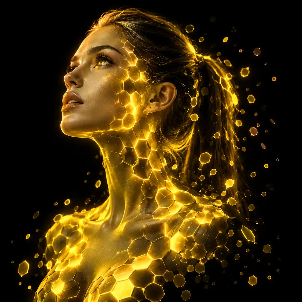 Neon gold portrait of a woman in three quarter profile