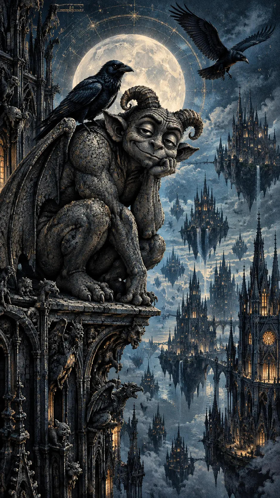 Gargoyle And Ravens Overlooking Floating Gothic Metropolis