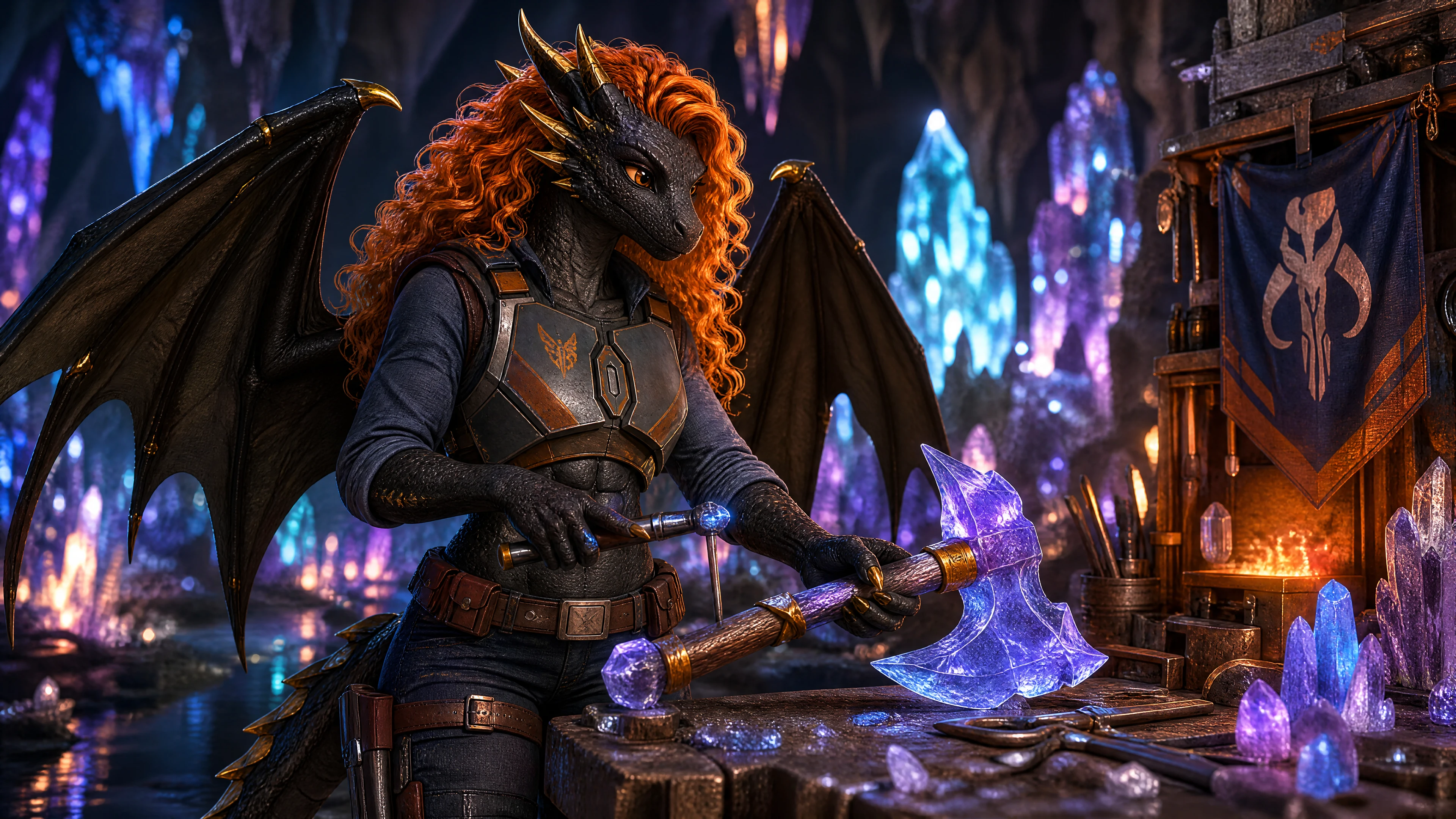 Winged dragon warrior woman forging a crystal axe