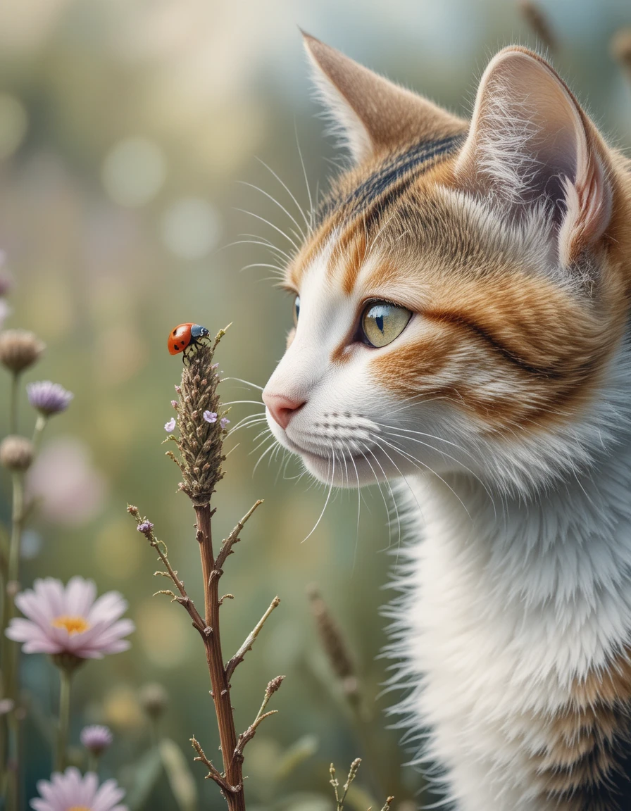 Watercolor close up of a calico cat and ladybug
