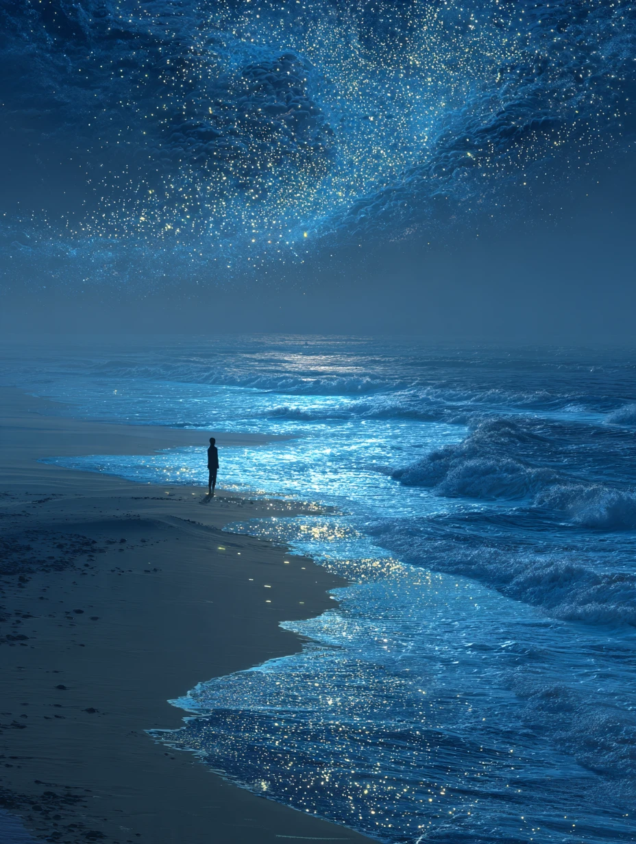Onde dell’oceano a mezzanotte sotto un cielo di stelle cadenti