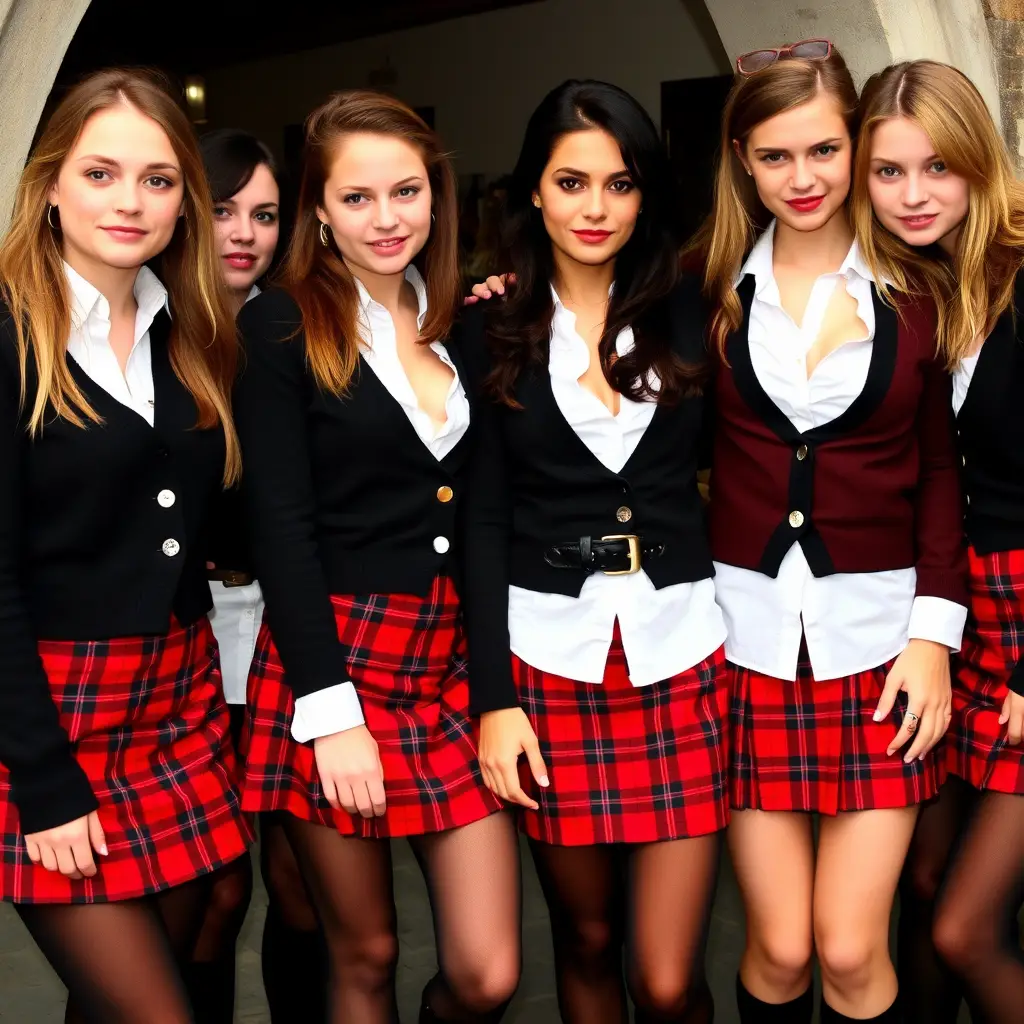 Group of mischievous schoolgirls in red plaid skirts
