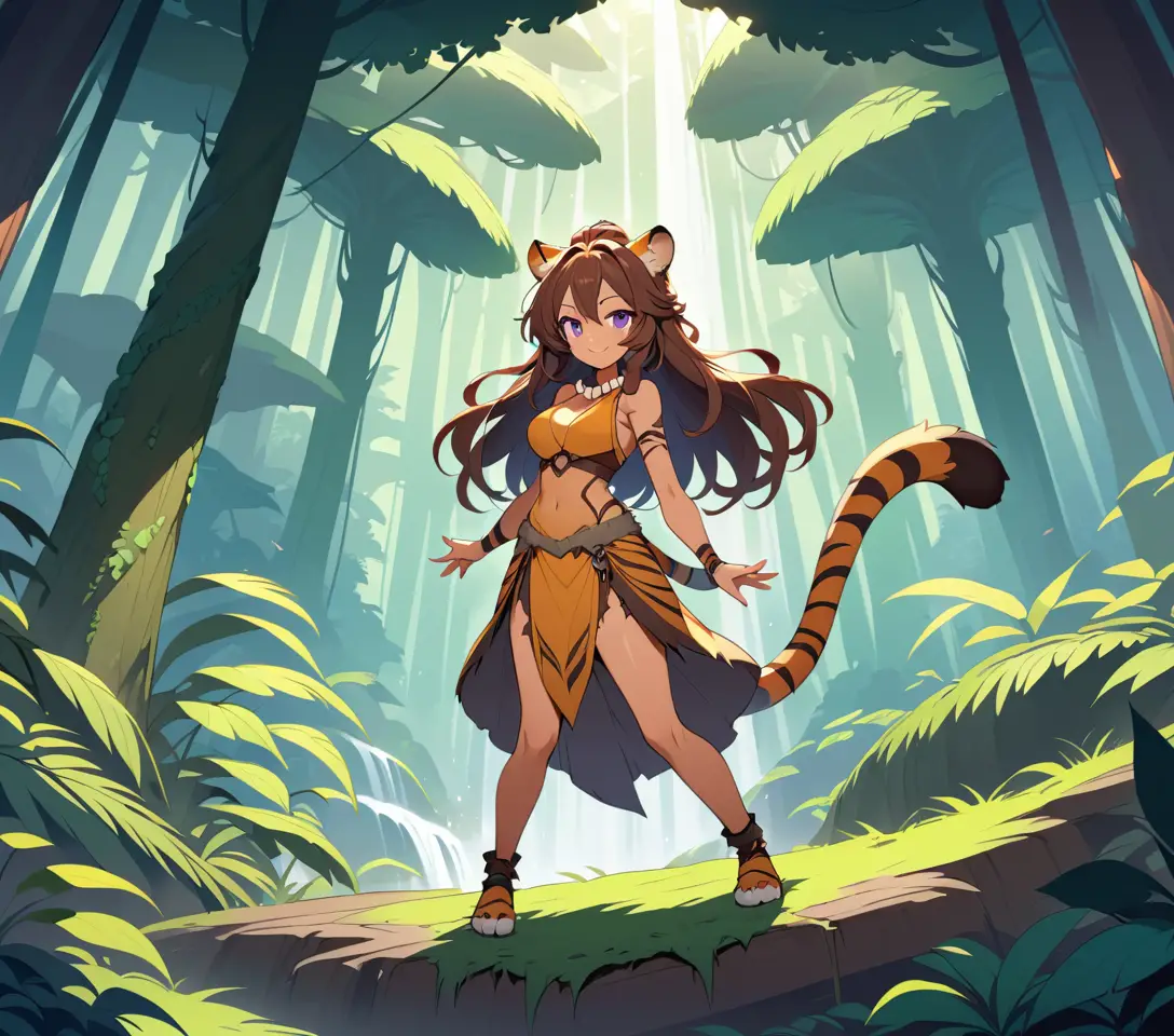 Anime tiger woman standing on a giant jungle tree root