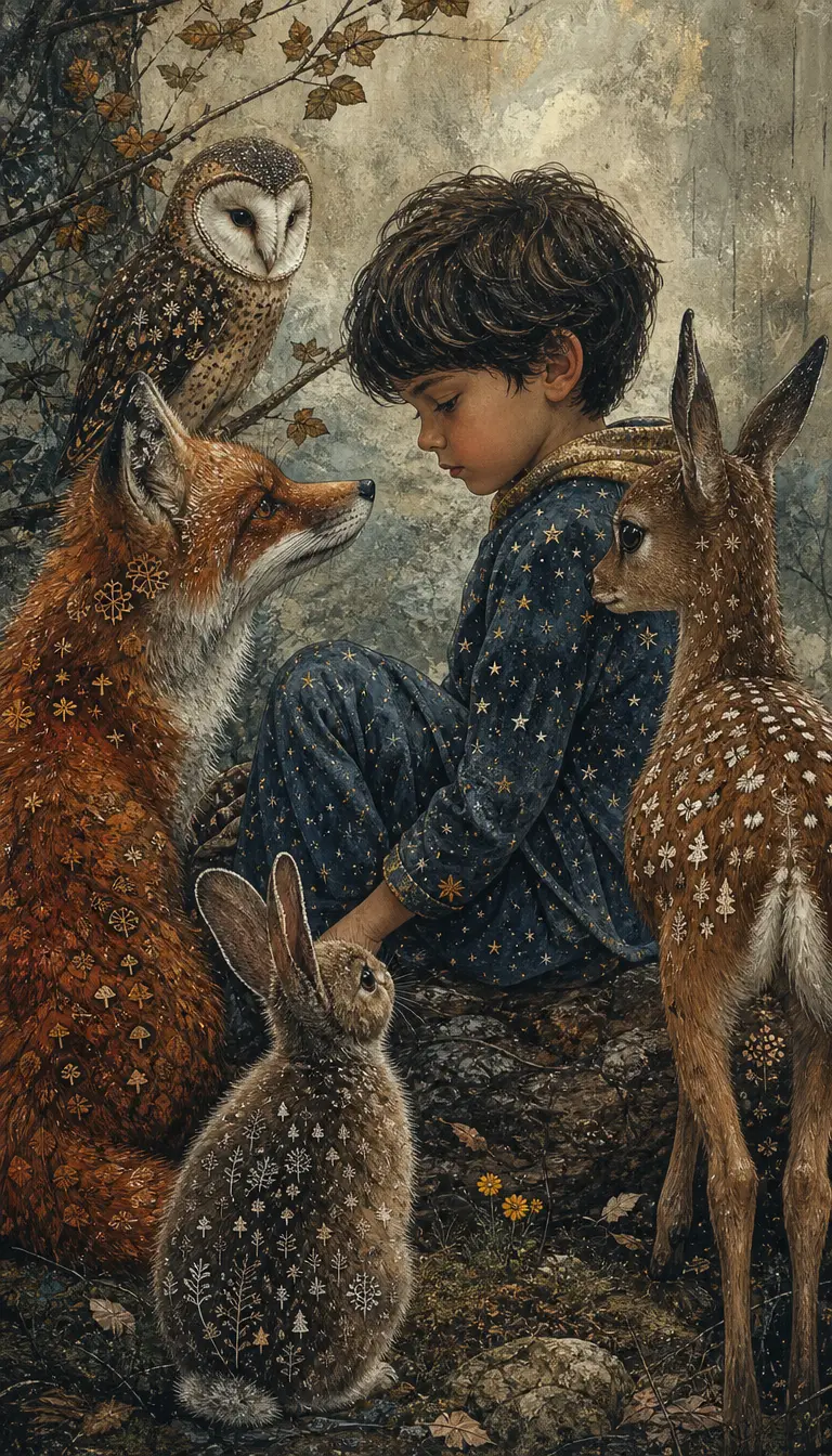 Boy surrounded by forest animals in symbolic mixed media illustration