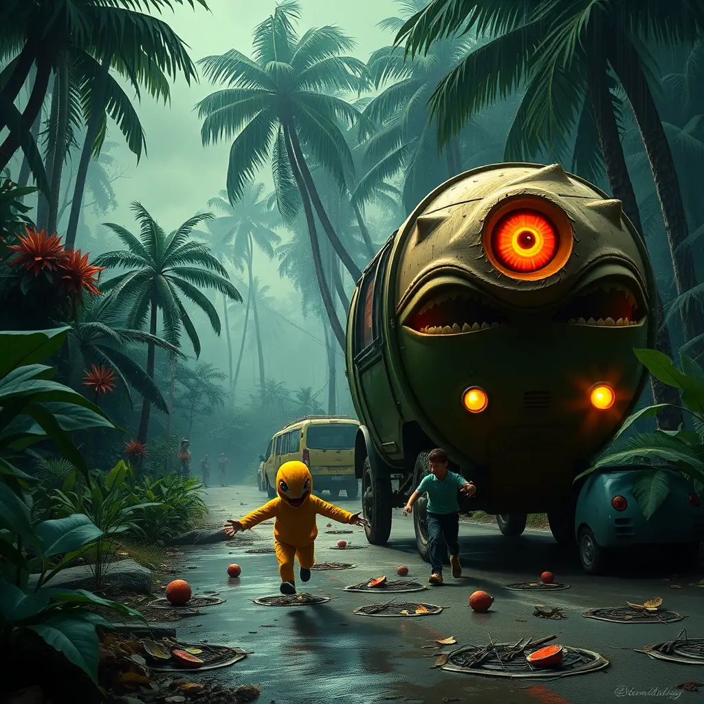 Terrified monkey and brass snail flee through dark forest