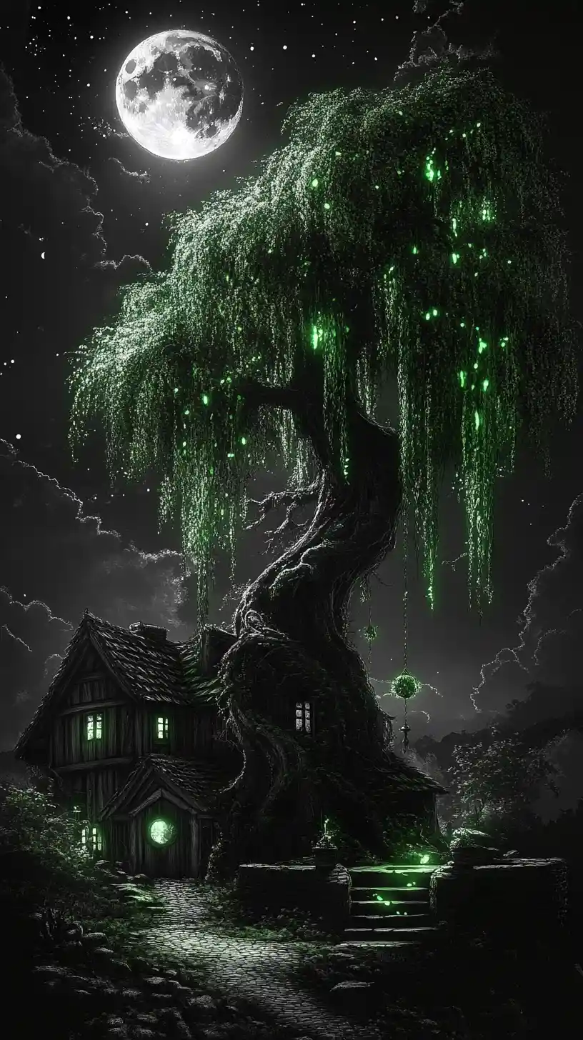 Moonlit log cabin beneath a glowing weeping willow