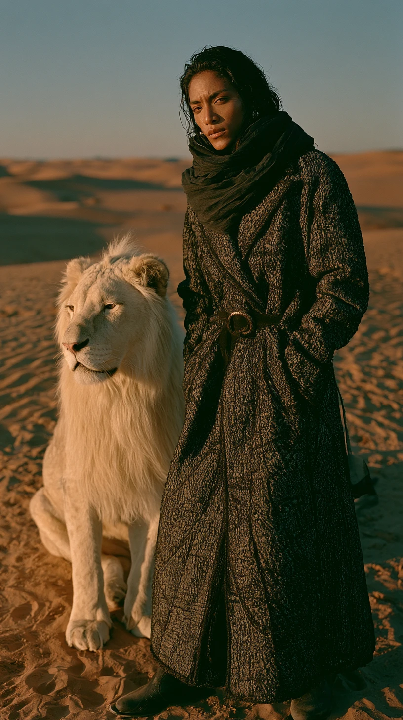 Man in black with white lion in a desert sunset