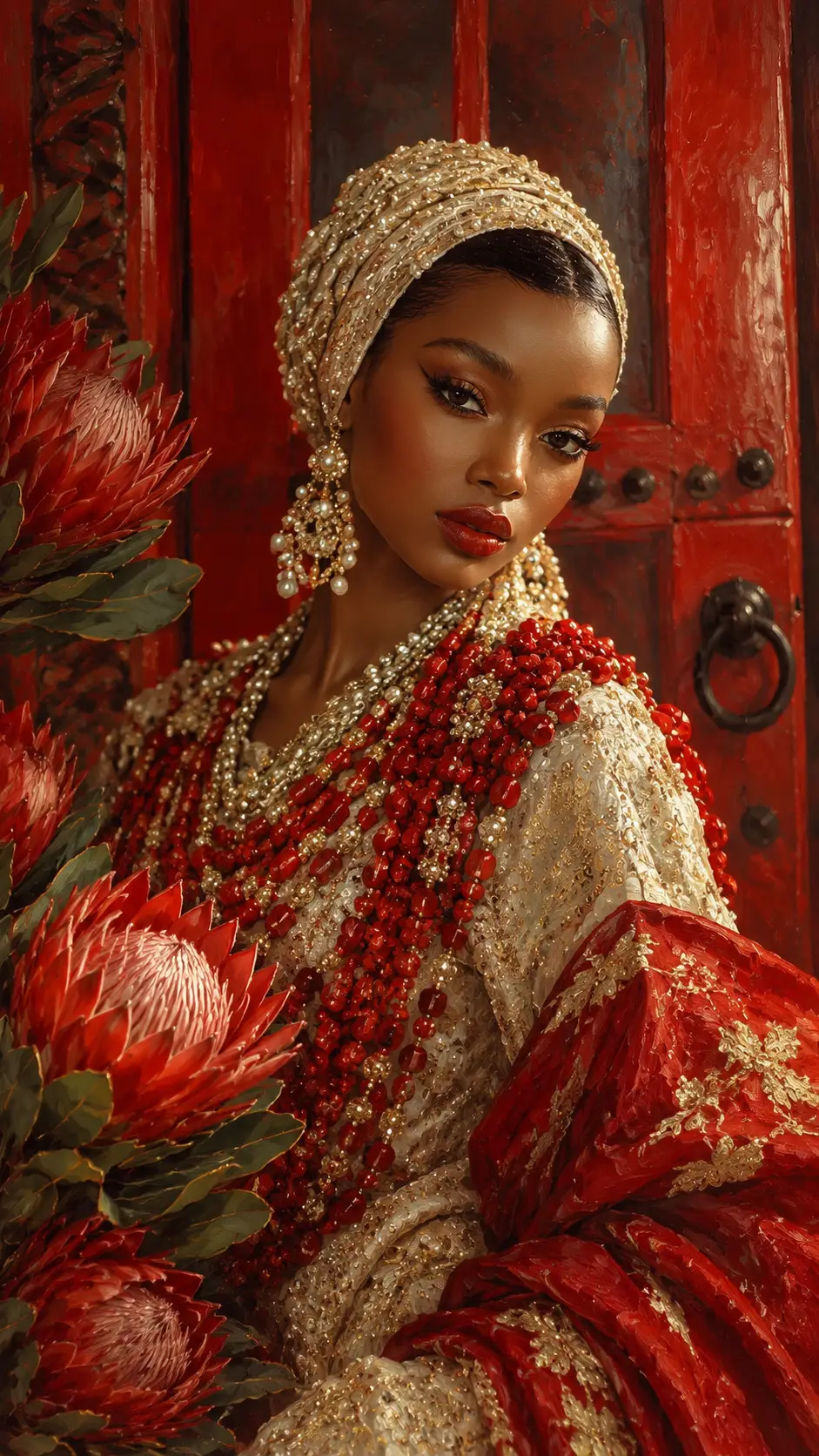 Nigerian woman in traditional dress before red floral door