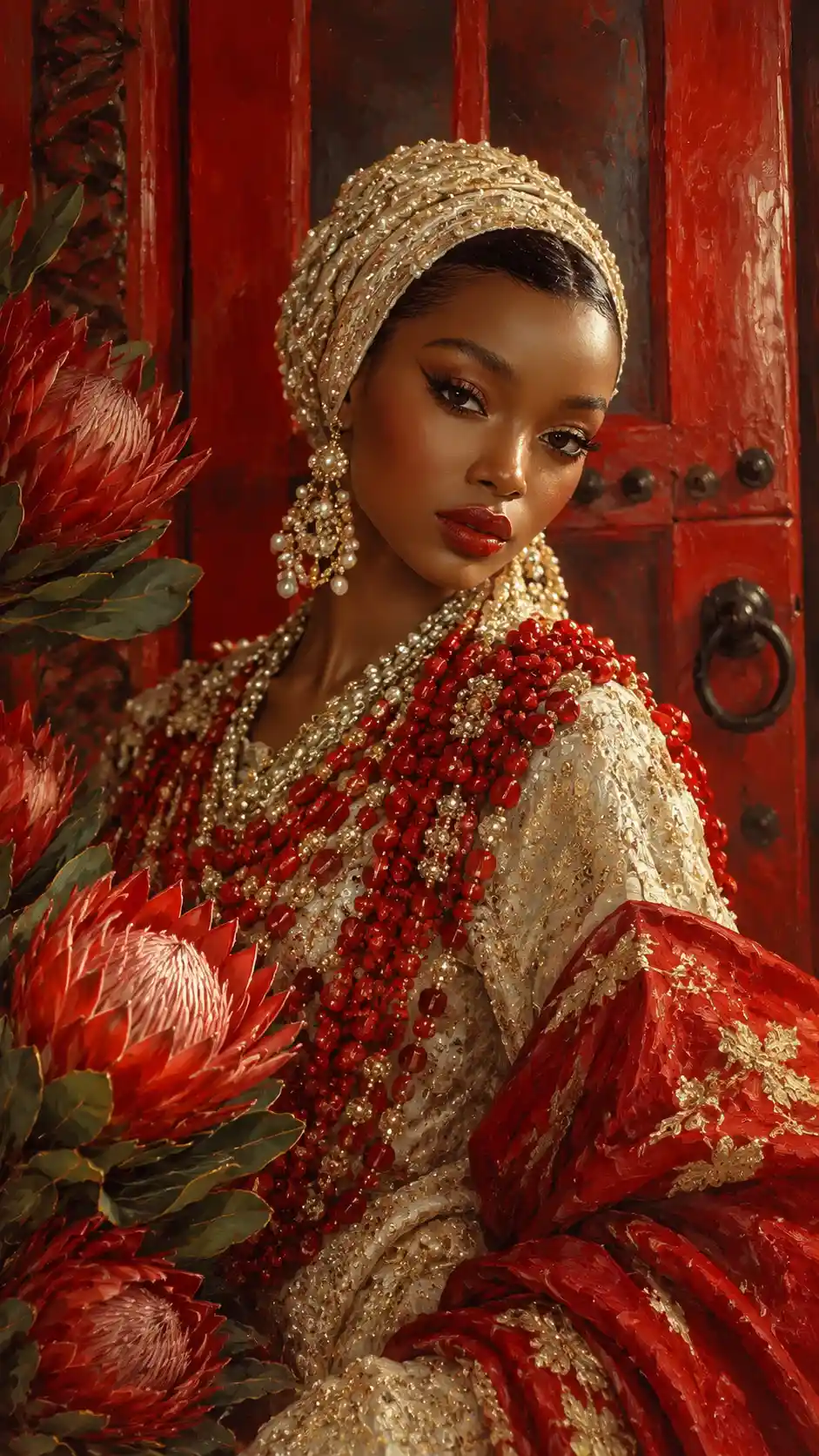 Nigerian woman in traditional dress before red floral door