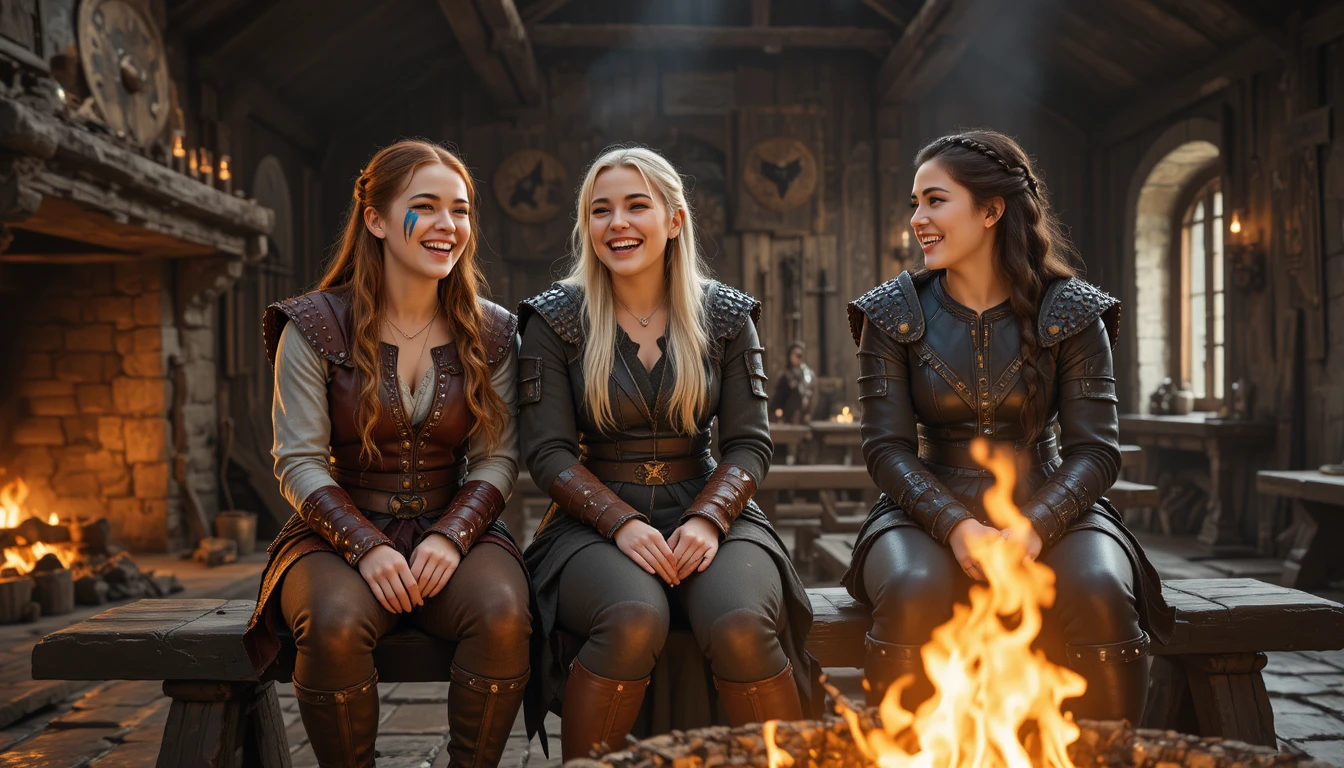Laughing viking warrior women in a warm stone hall