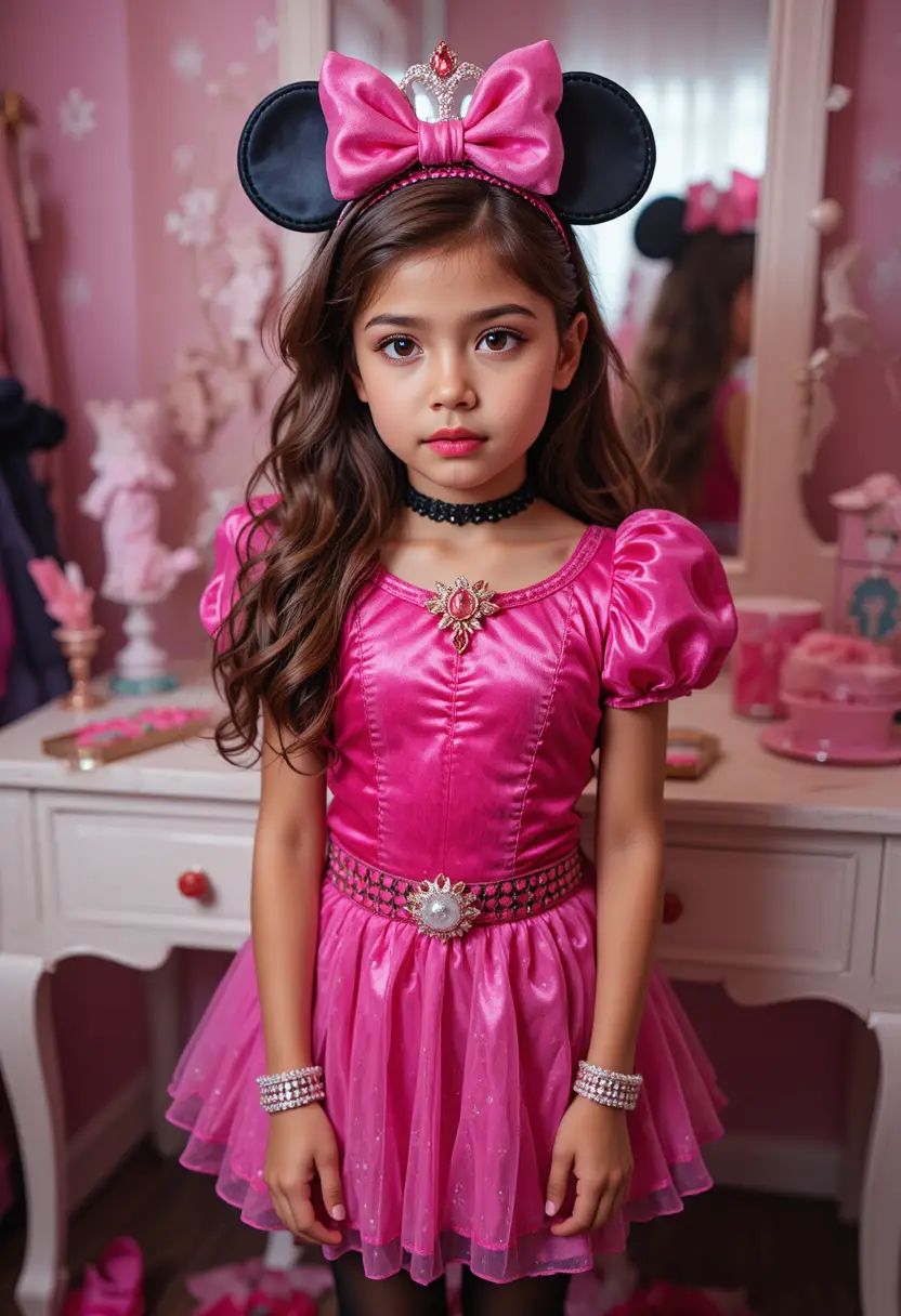 Nervous tween in Minnie inspired princess makeup and dress