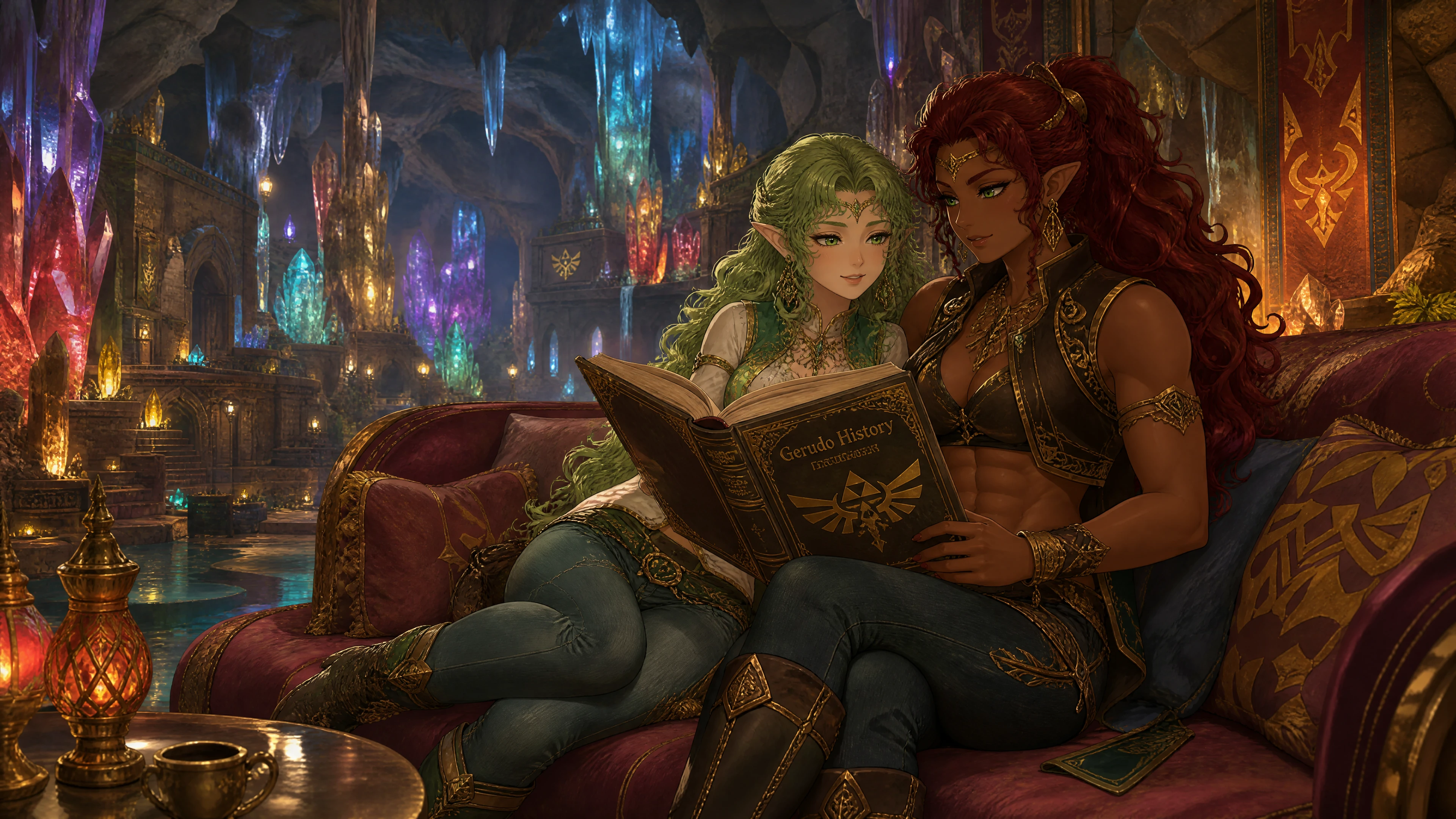 Esposas de fantasía leyendo juntas en un hogar de caverna de cristal