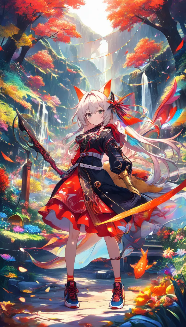 Dragon winged girl warrior by a rainbow waterfall
