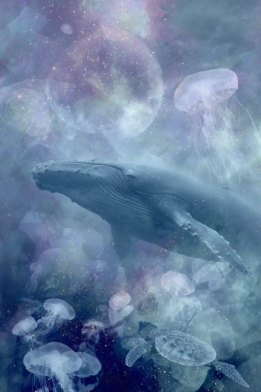 Baleine onirique en double exposition sous un ciel de superlune