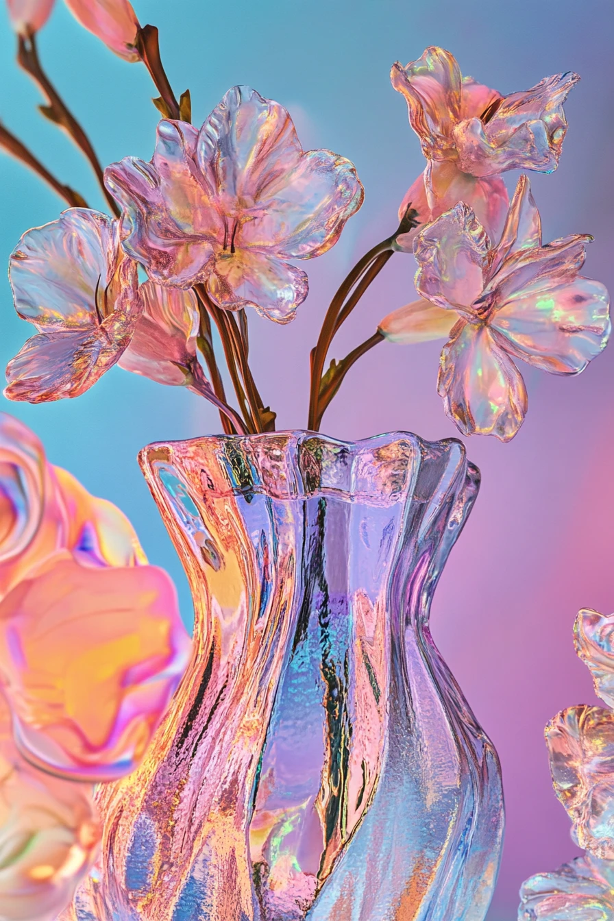 Colorful surreal abstract scene with bright pastel metallic tones