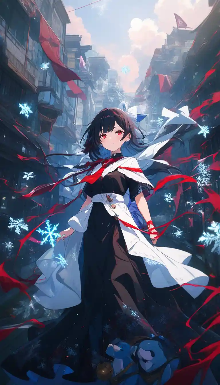 Trauriges Anime-Mädchen mit langem schwarzen Haar und roten Augen