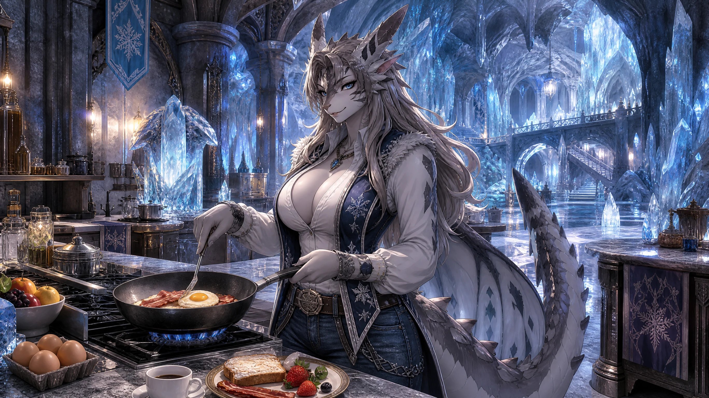 Fantasy woman cooking breakfast in a crystal cavern kitchen