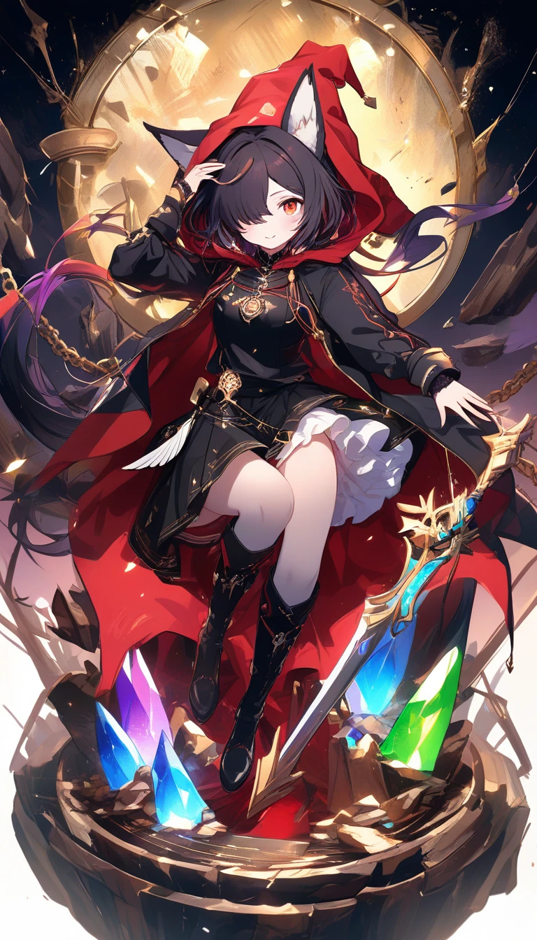 Anime girl in ornate red hood with fox ears and bells