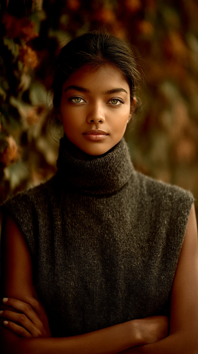 Elegant woman in turtleneck with floral wall background