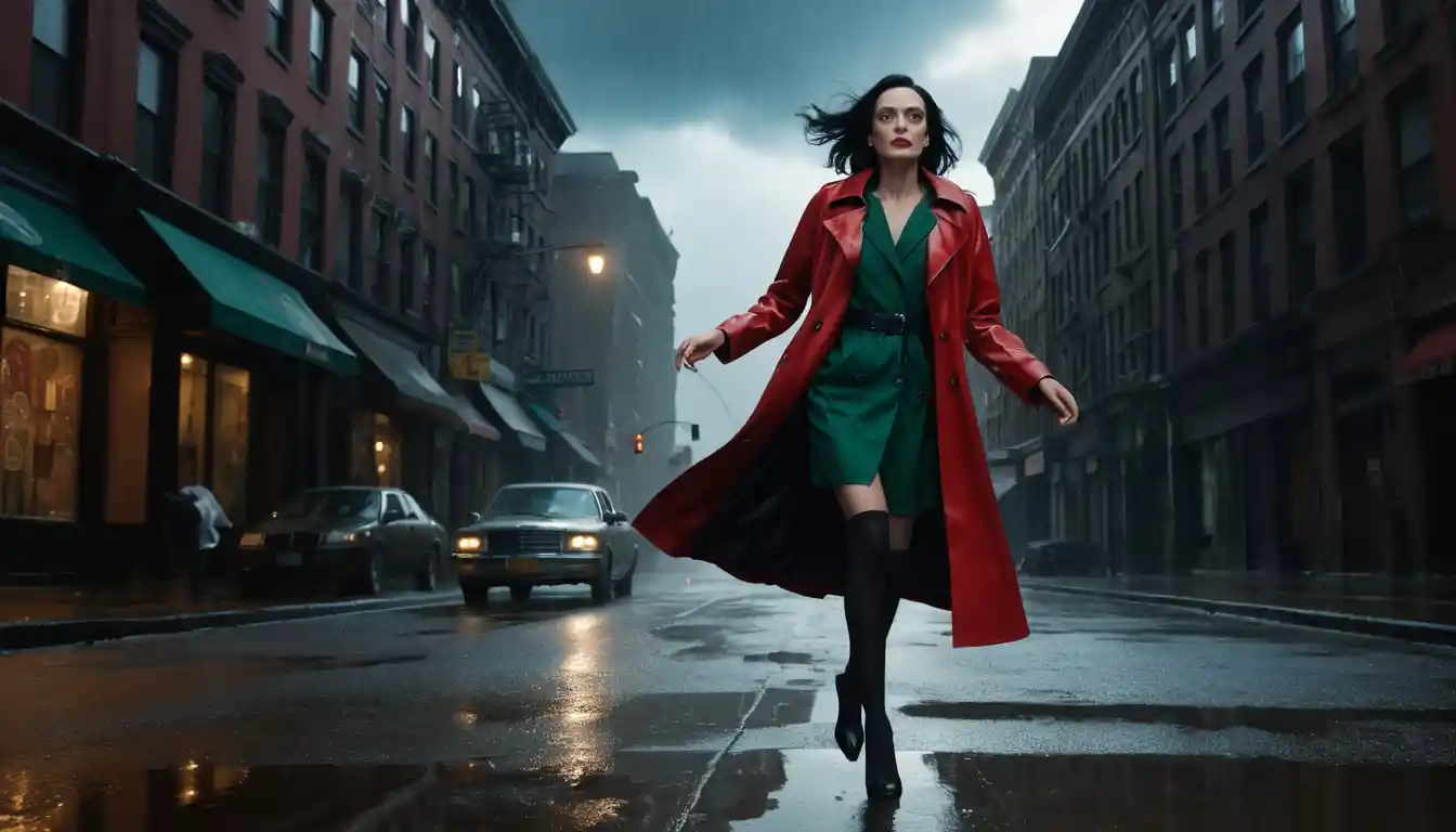 Elegant woman in red coat on surreal rainy city street