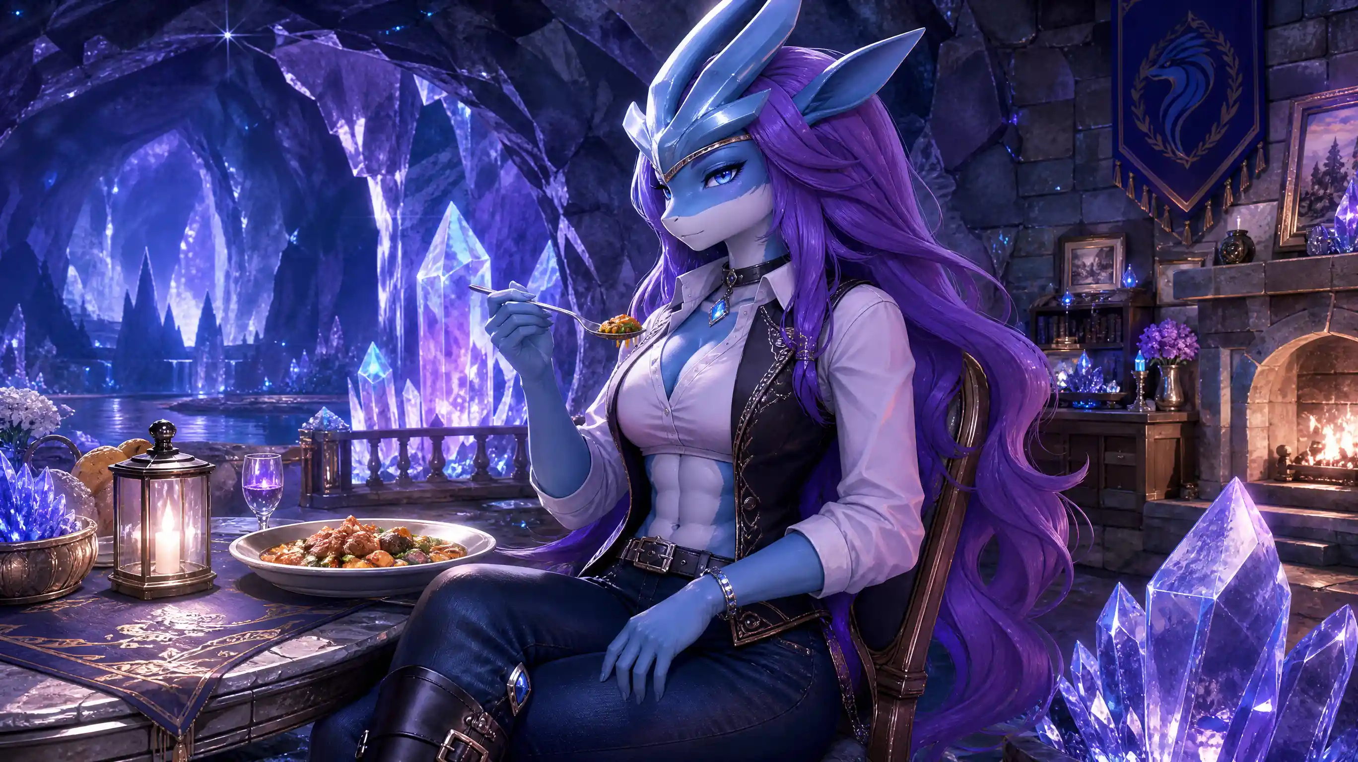 Elegant fantasy woman dining in a luminous crystal cave