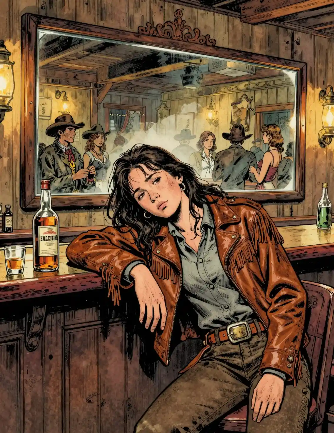 Cowgirl resting at the bar in an old west saloon