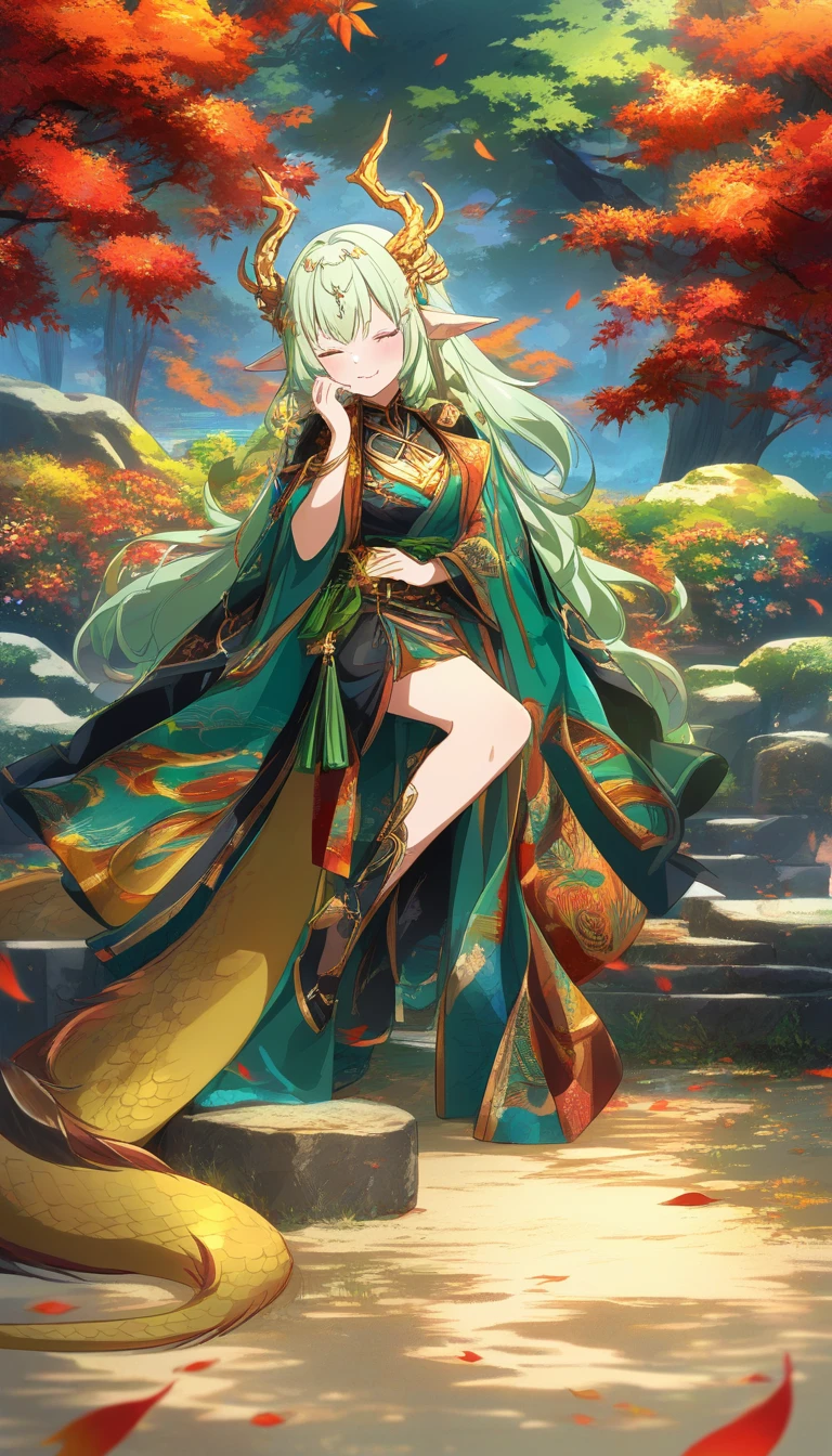 Fantasy dragon horned anime girl in golden dress