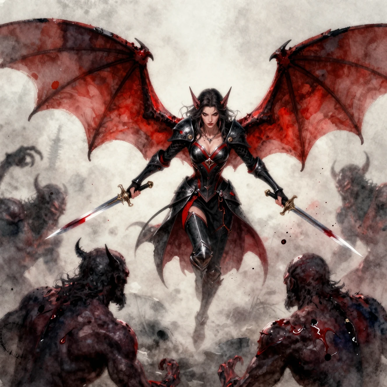 Winged tiefling warrior woman battling demons in flight