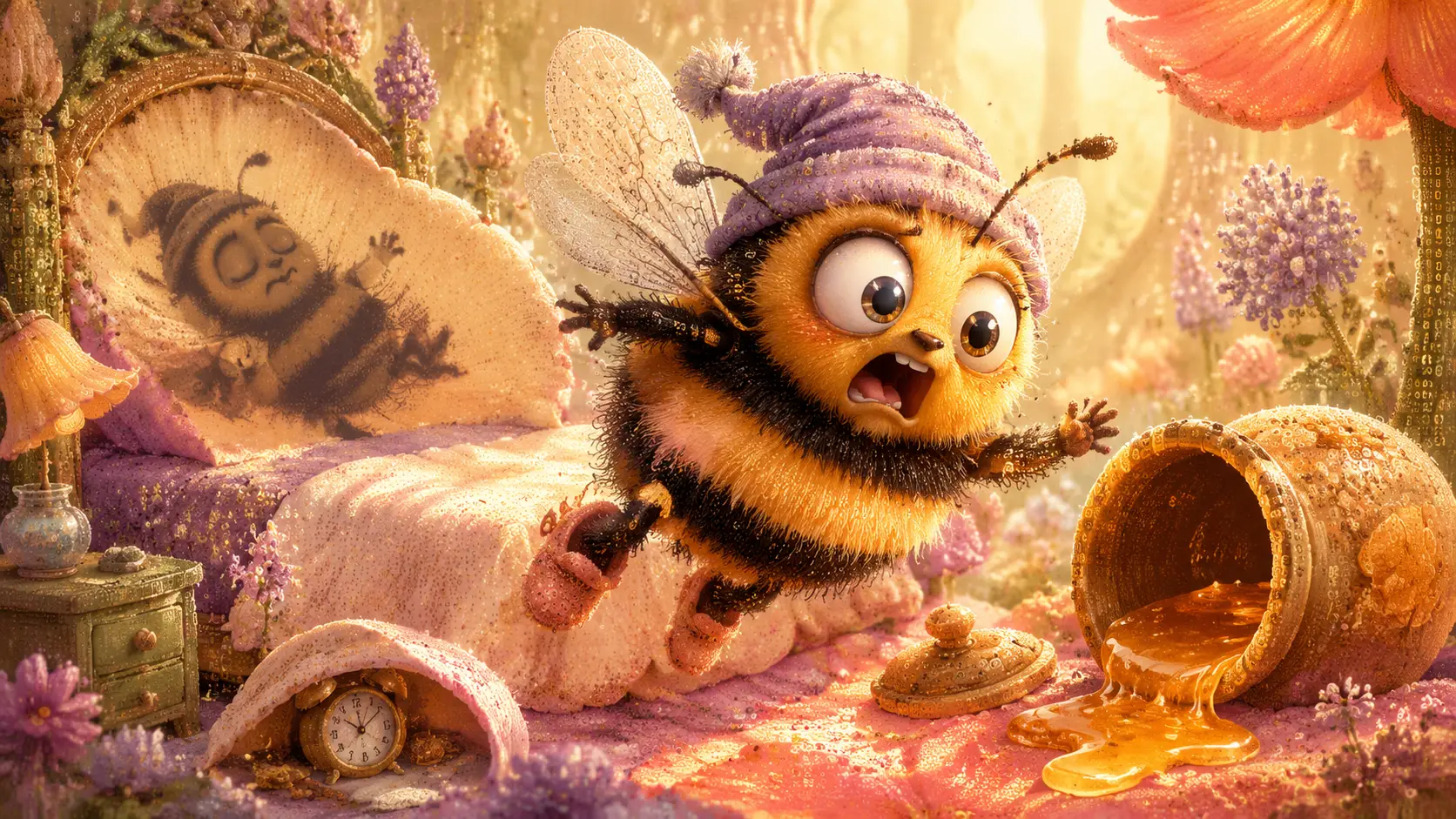 Cute Baby Bumblebee Panicking In A Tiny Flower Bedroom