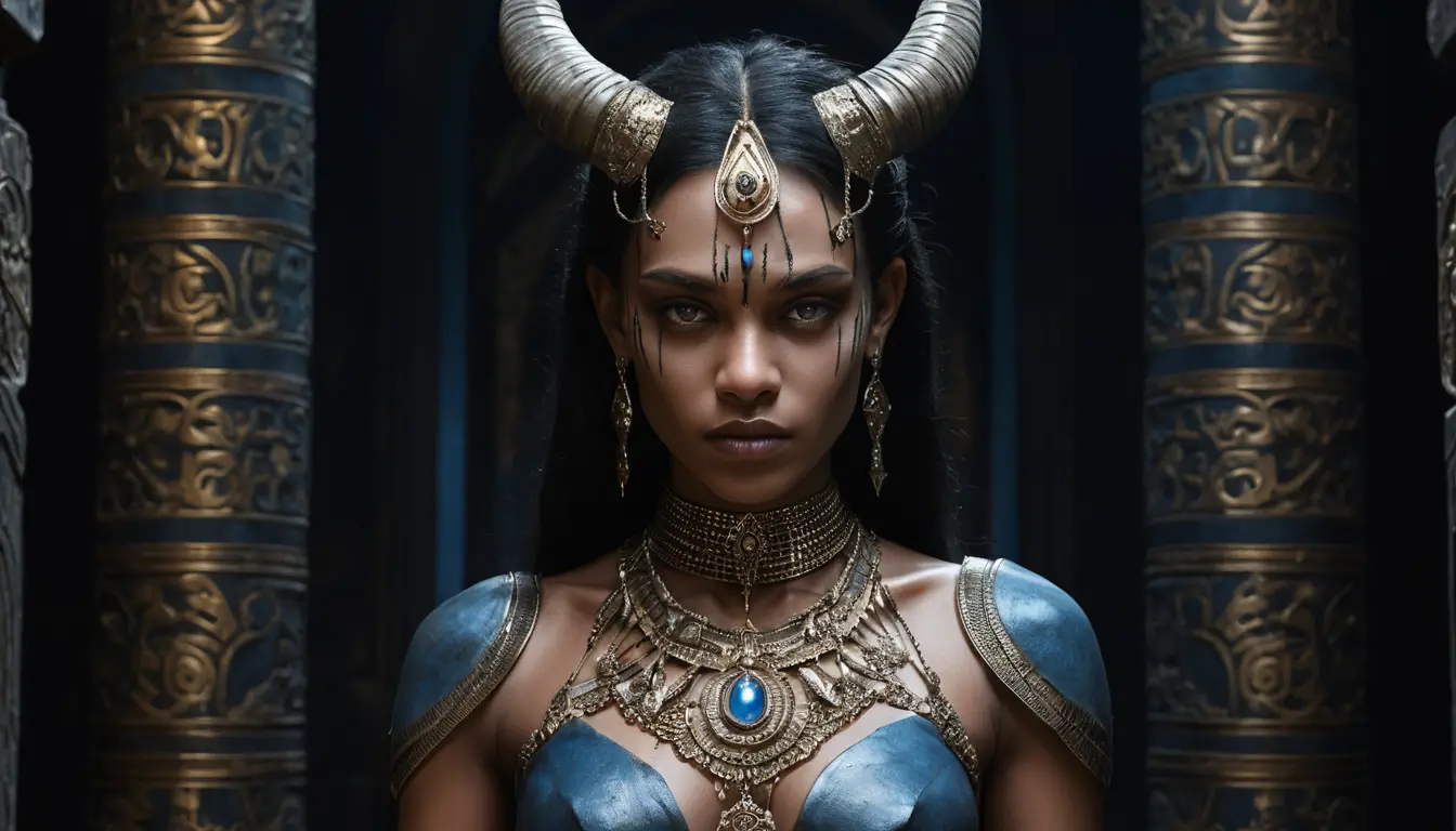 Demonic cyborg woman in shadows of an ancient temple