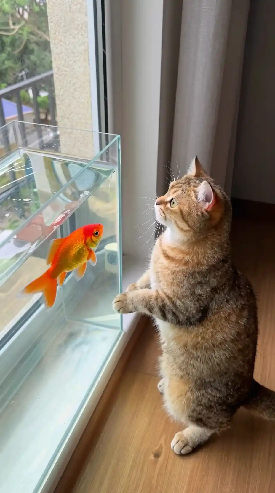 Curious cat reaching for a fish tank by a bright window