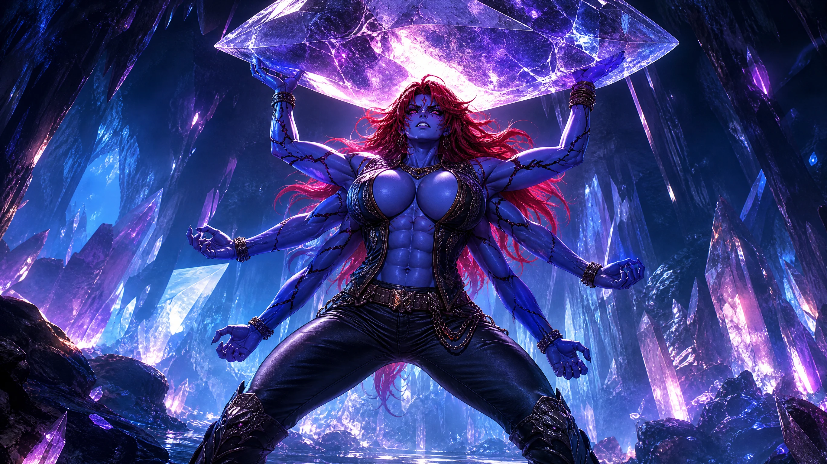 Six armed blue skinned warrior woman in a crystal cavern