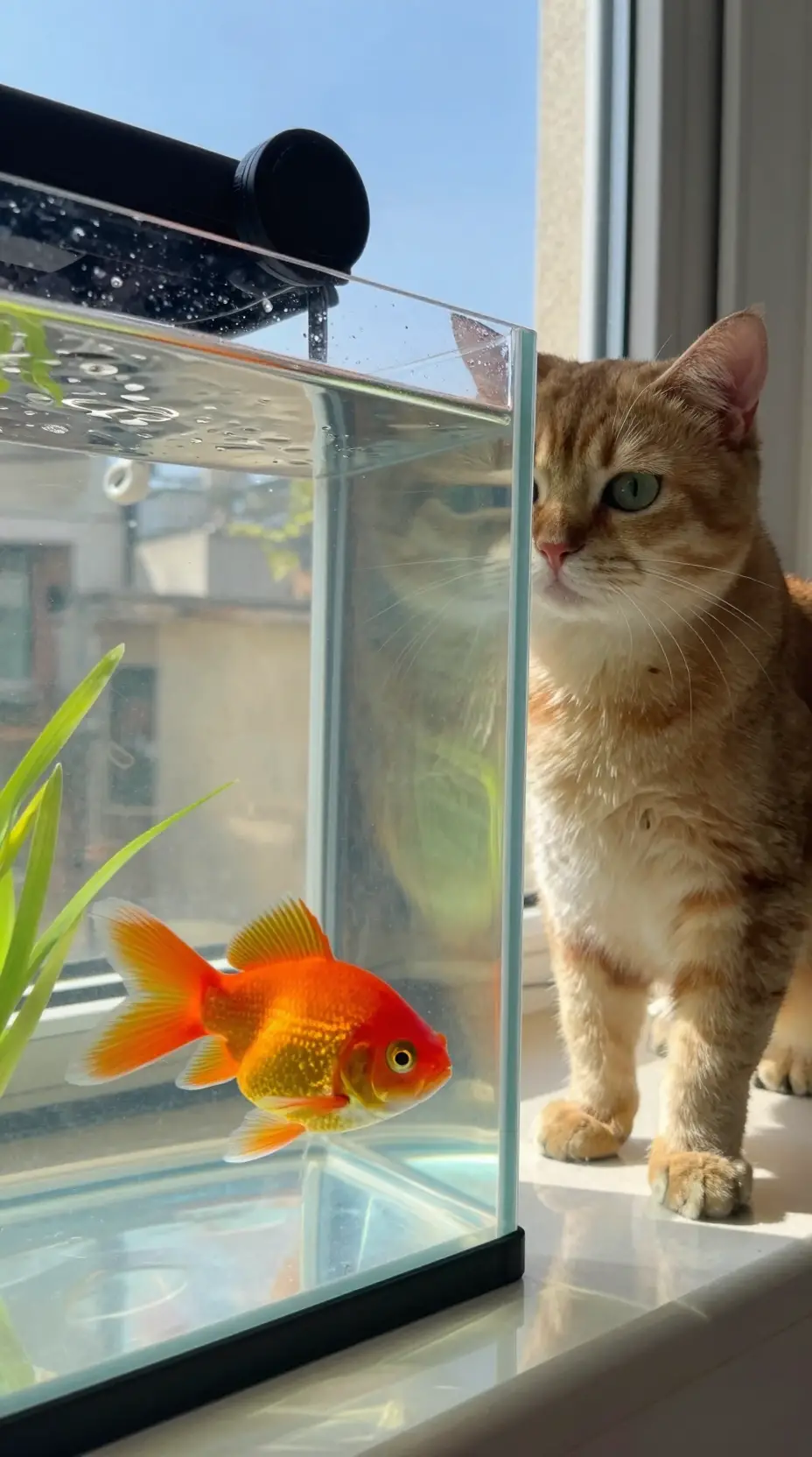 Orange fish tank by a window with curious standing cat