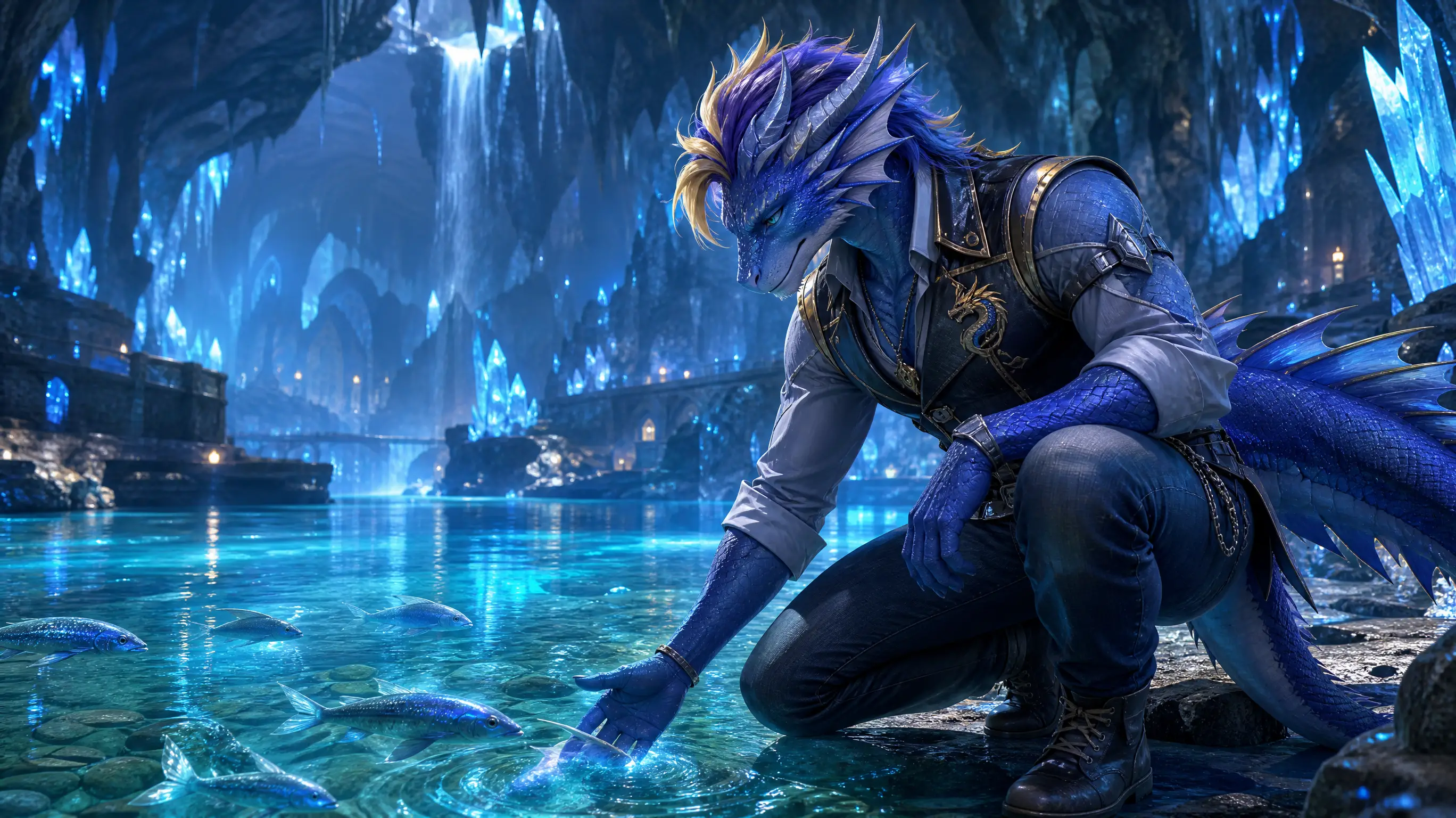 Anthro leviathan calmly petting fish in a crystal cavern