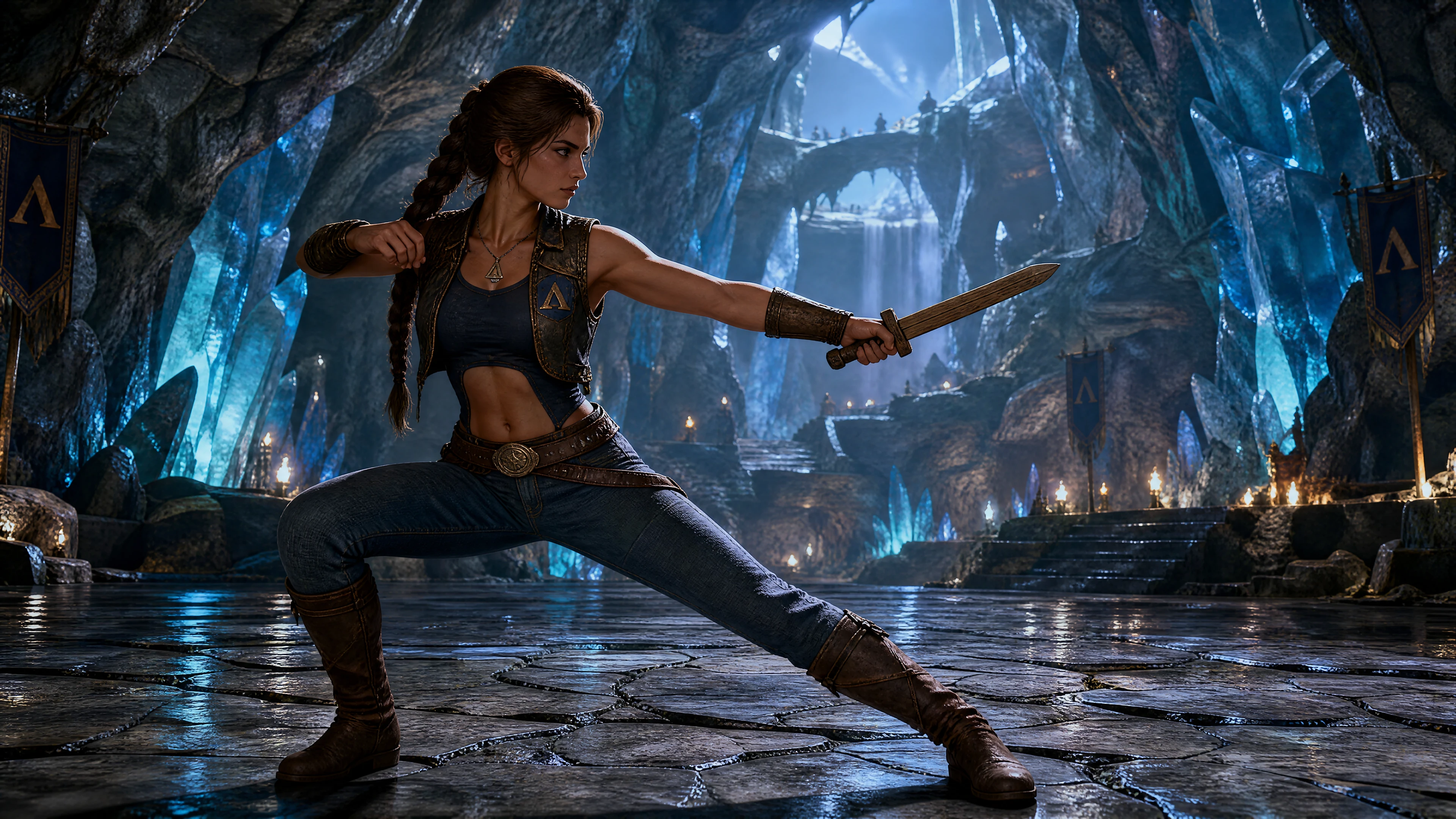 Valiente guerrera entrenando en una brillante cueva de cristal