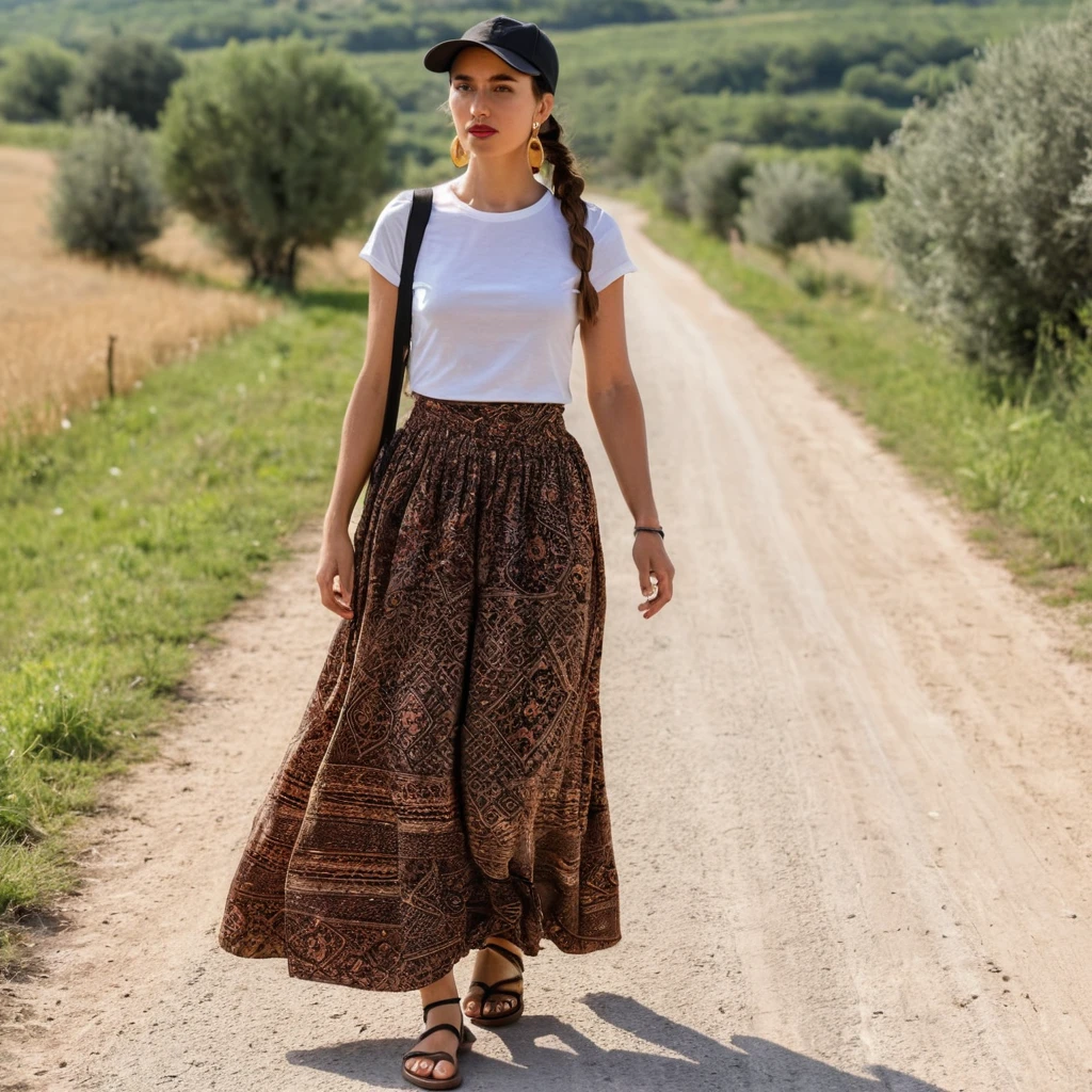 Woman walking along a quiet country road in summer outfit