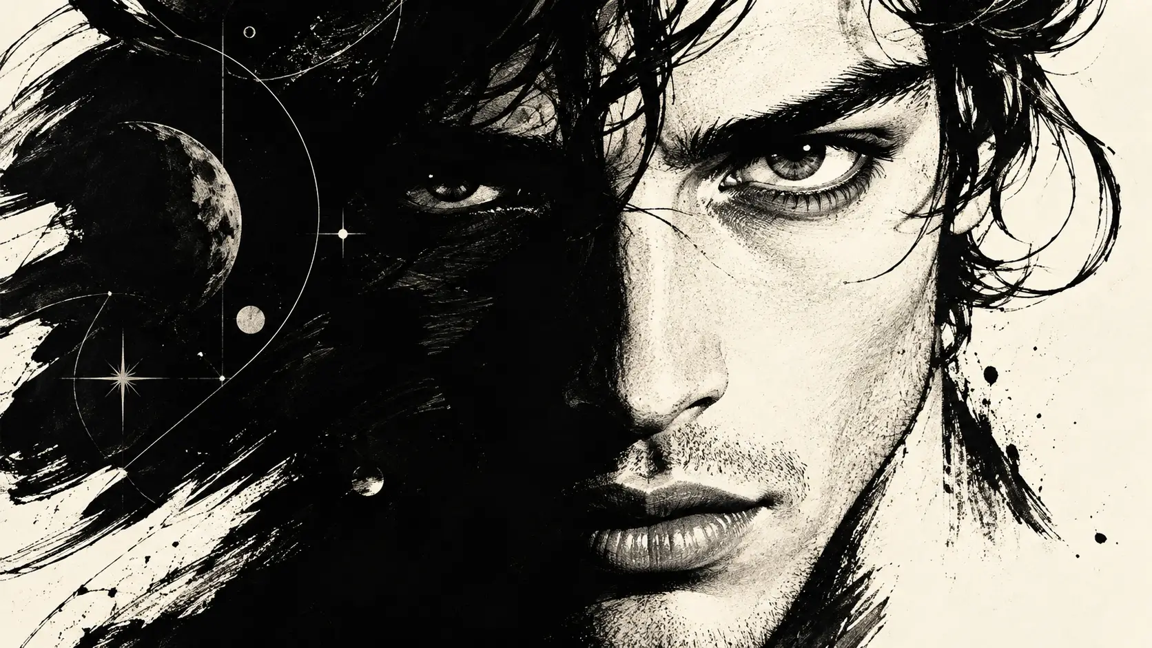 Extreme close up graphic portrait of an enigmatic man