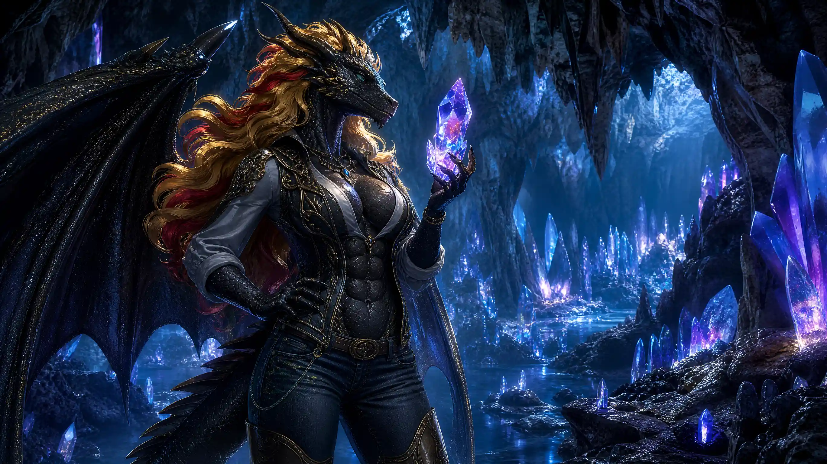 Winged dragon woman studying a crystal in cavern