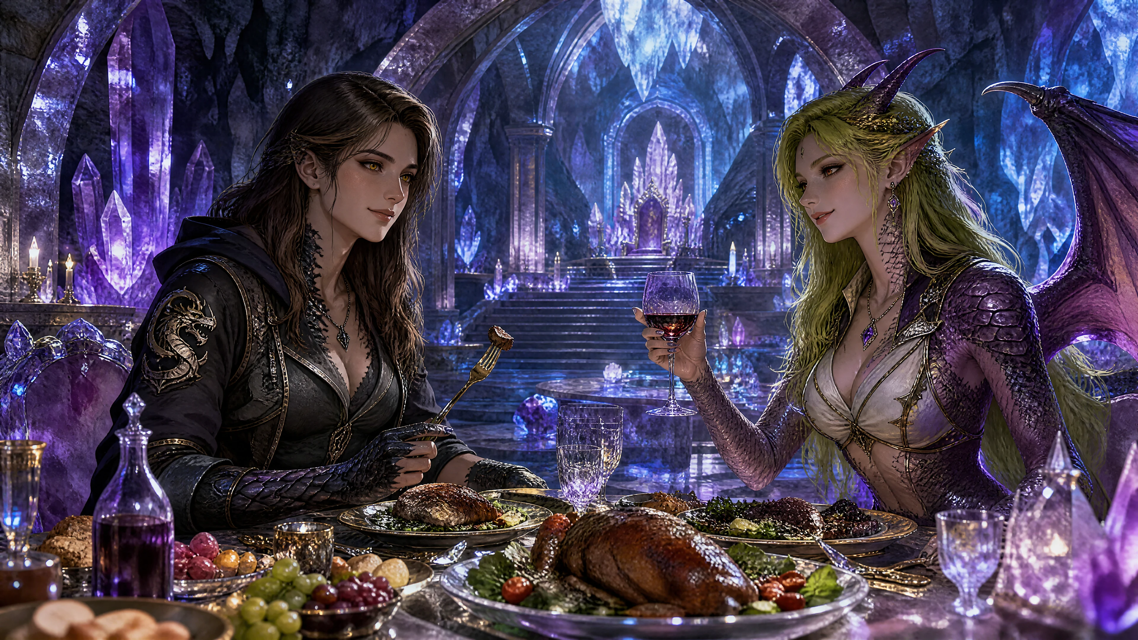 Due mogli fantasy che condividono un pasto in una grotta di cristallo
